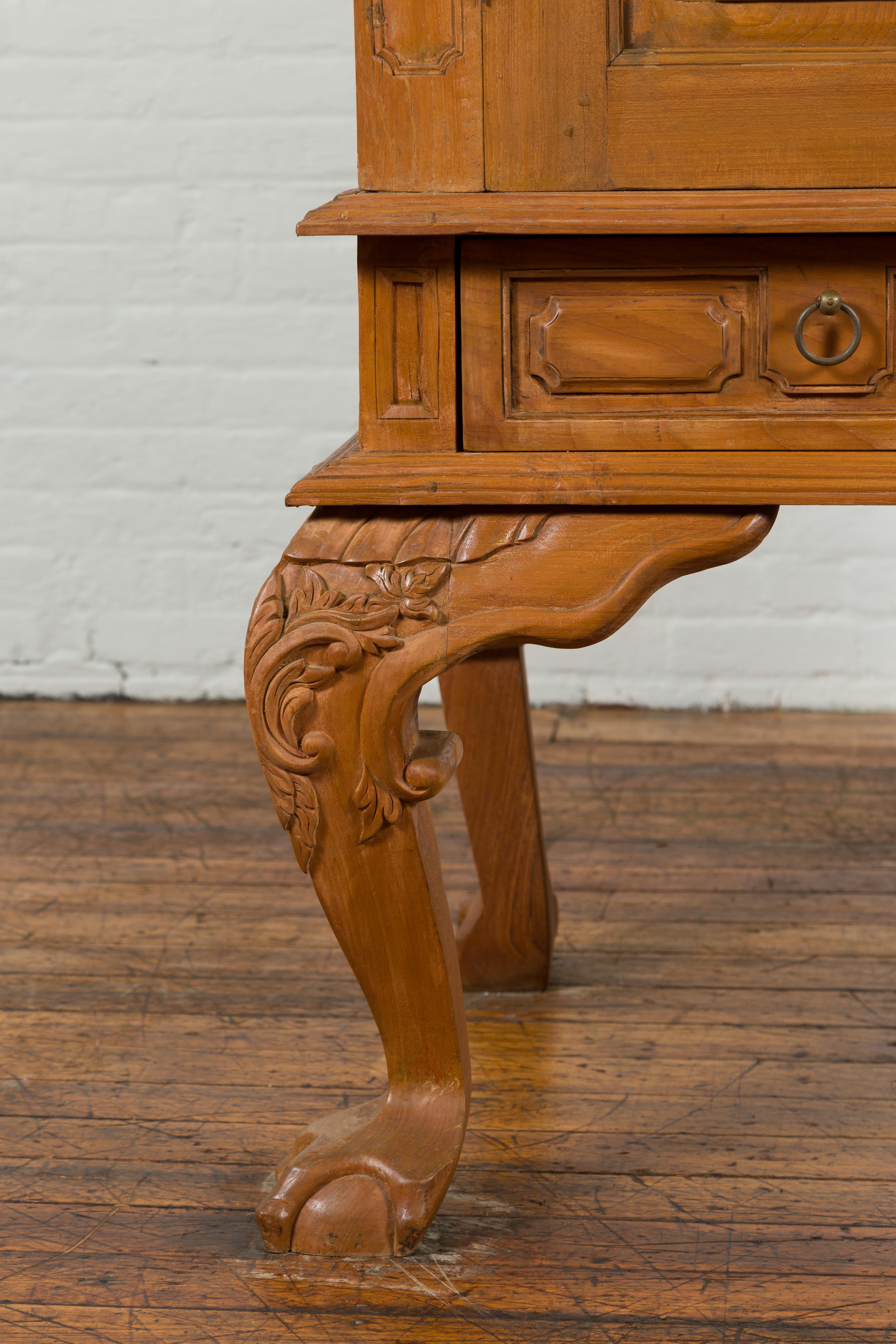 Dutch Colonial Late 19th Century Teak Cabinet with Bonnet Top and Cabriole Legs For Sale 1