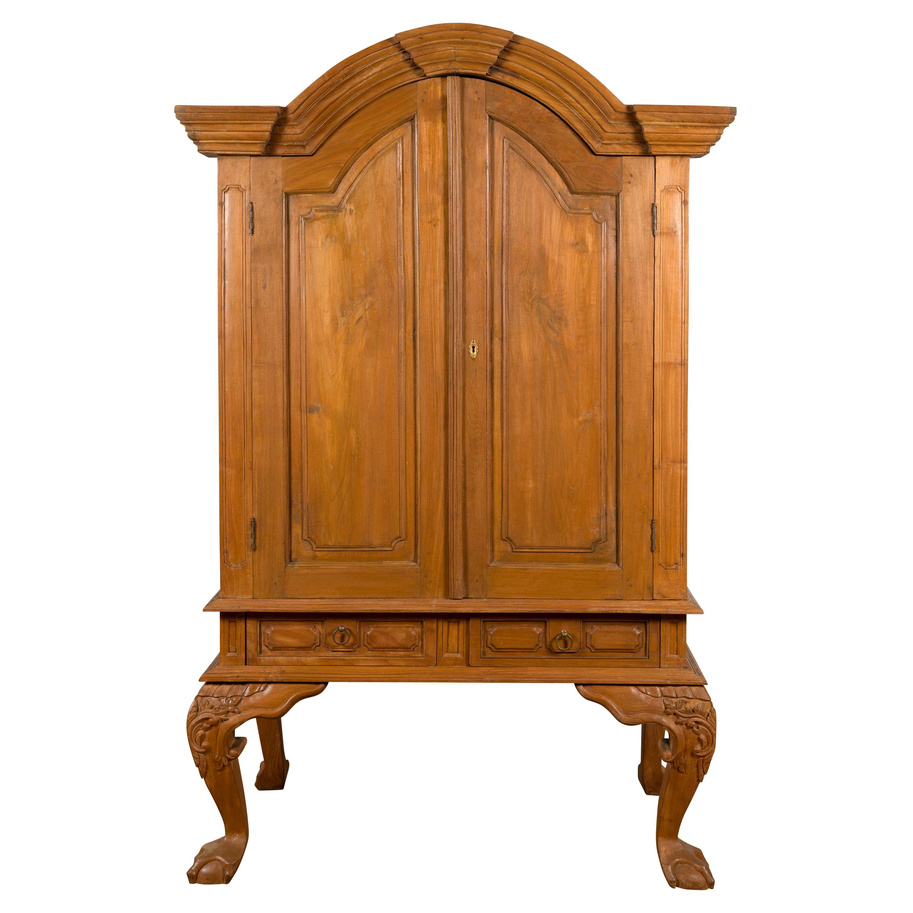 Dutch Colonial Late 19th Century Teak Cabinet with Bonnet Top and Cabriole Legs For Sale