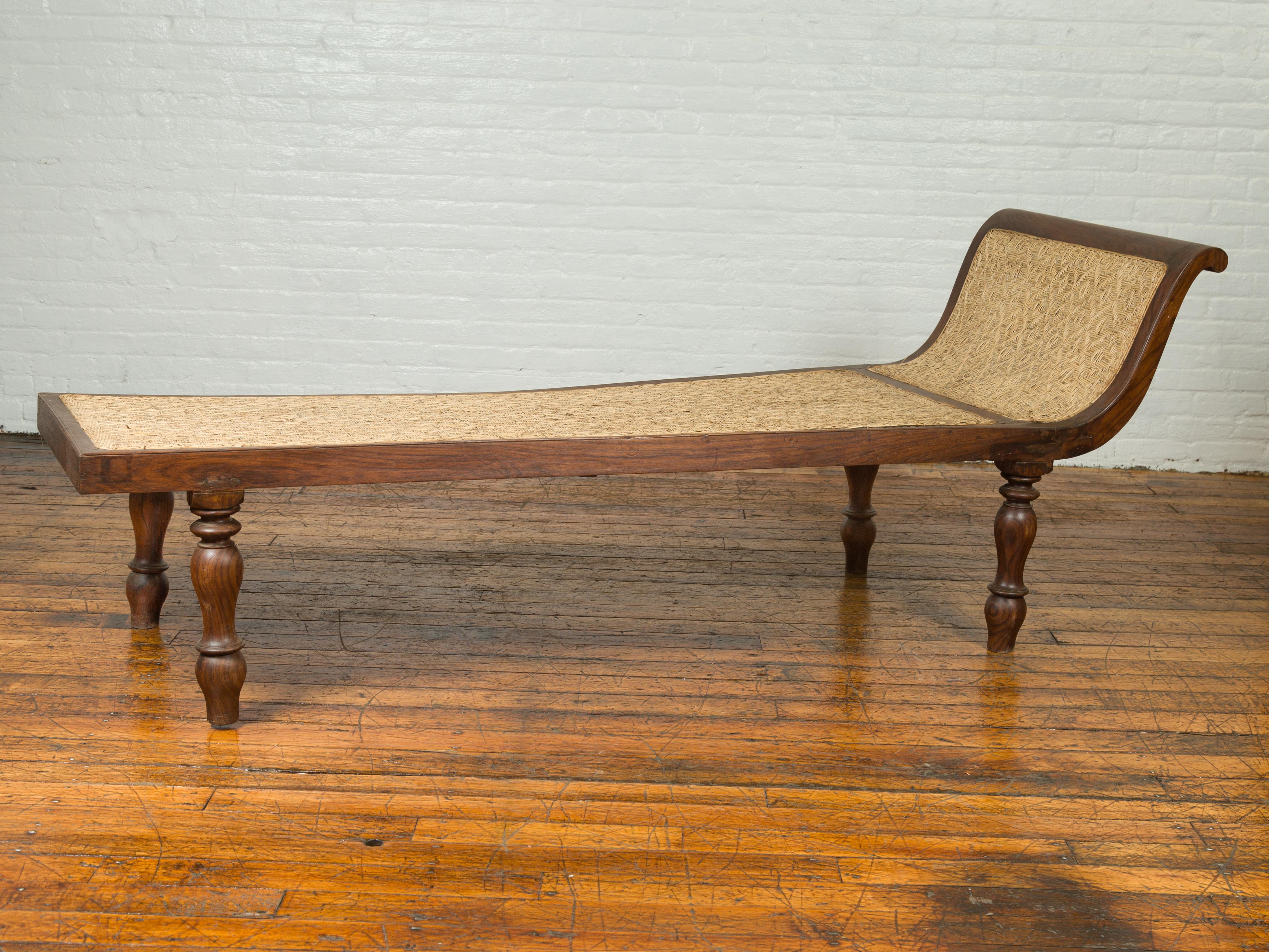 Indonesian Dutch Colonial Late 19th Century Teak Wood and Rattan Daybed with Turned Legs