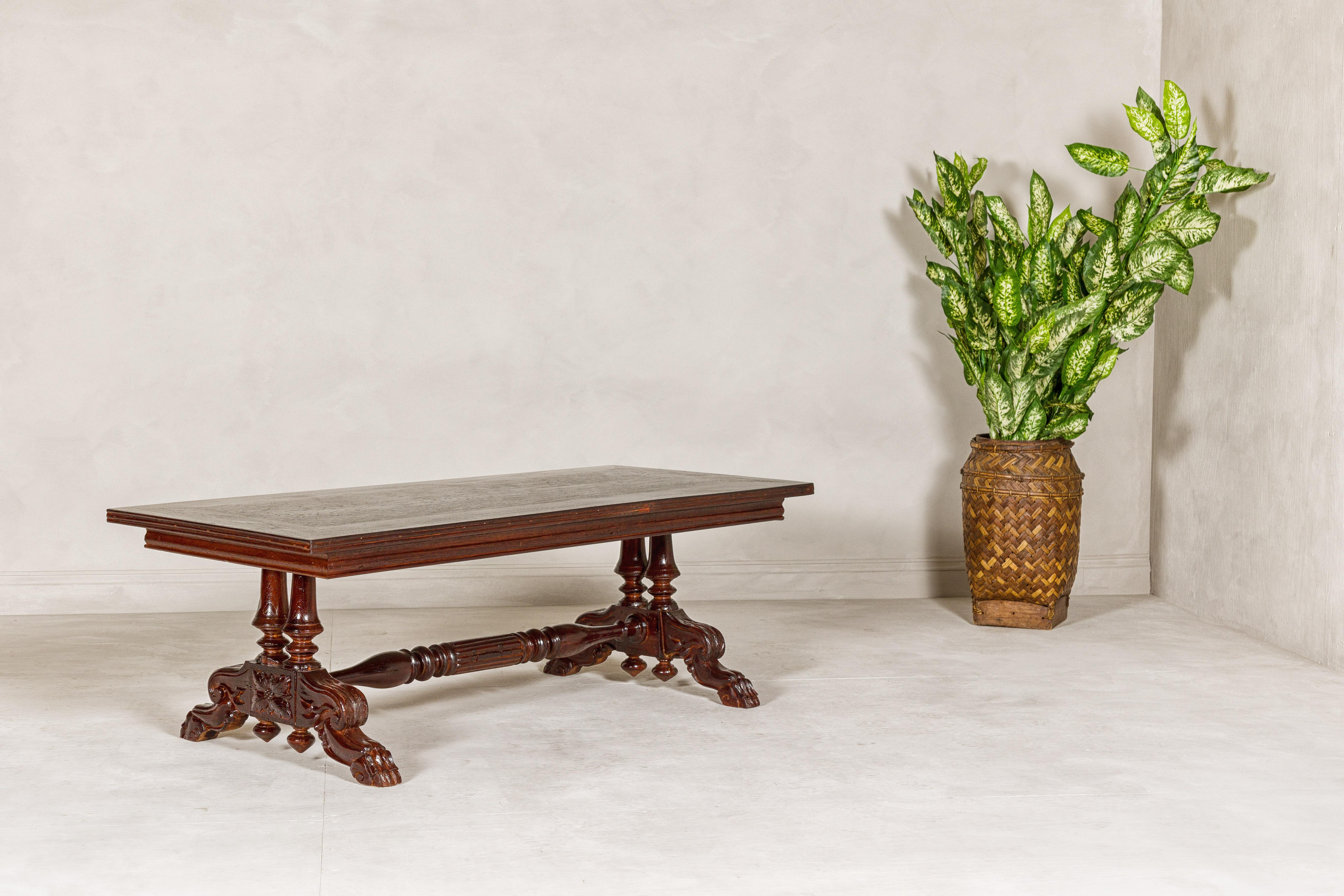 Dutch Colonial Ornate Coffee Table with Carved Lion Paw Legs and Cross Stretcher For Sale 4