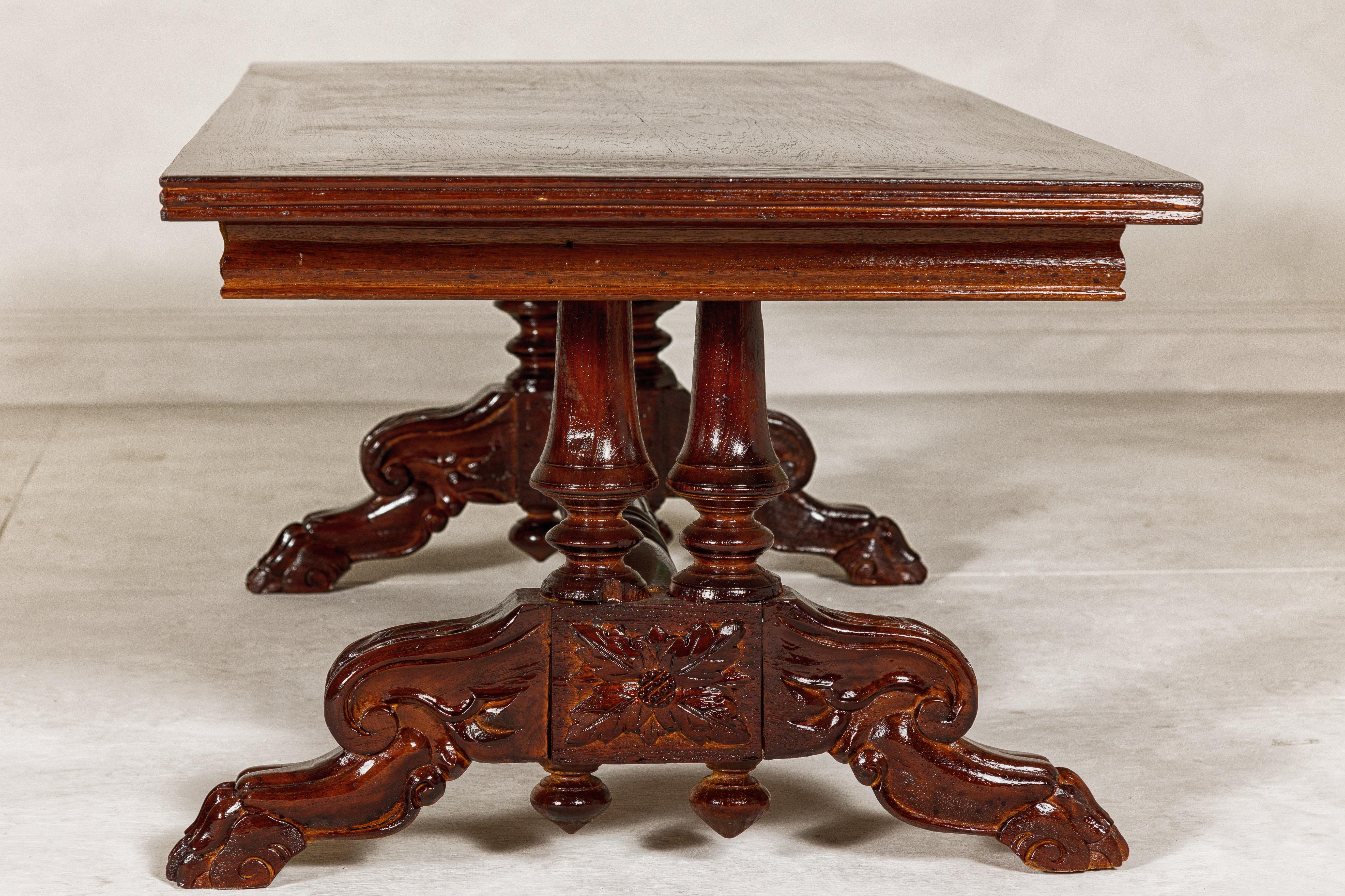 Dutch Colonial Ornate Coffee Table with Carved Lion Paw Legs and Cross Stretcher For Sale 7