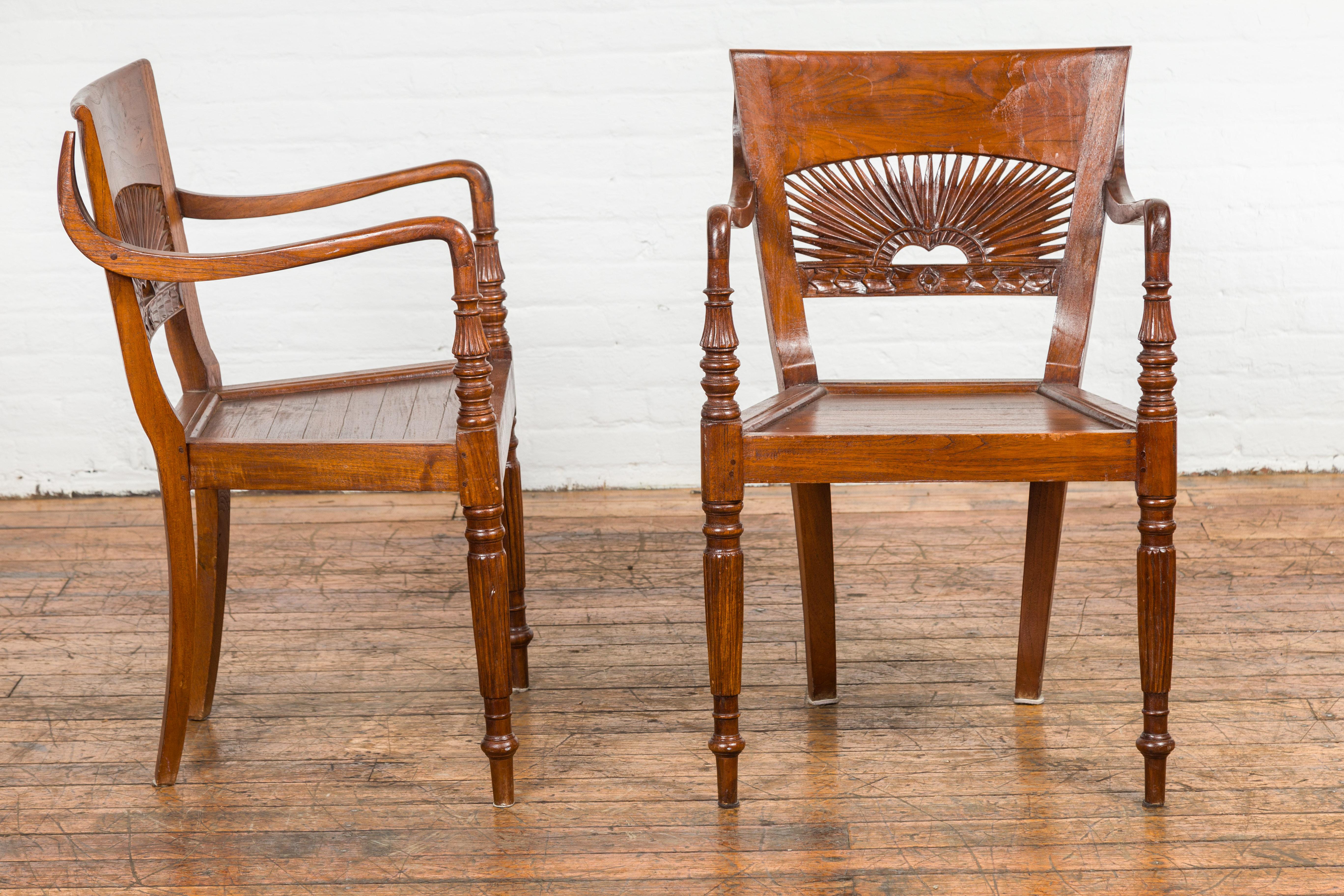 Dutch Colonial Teak Dining Room Chairs with Carved Radiating Backs, Set of Six For Sale 4