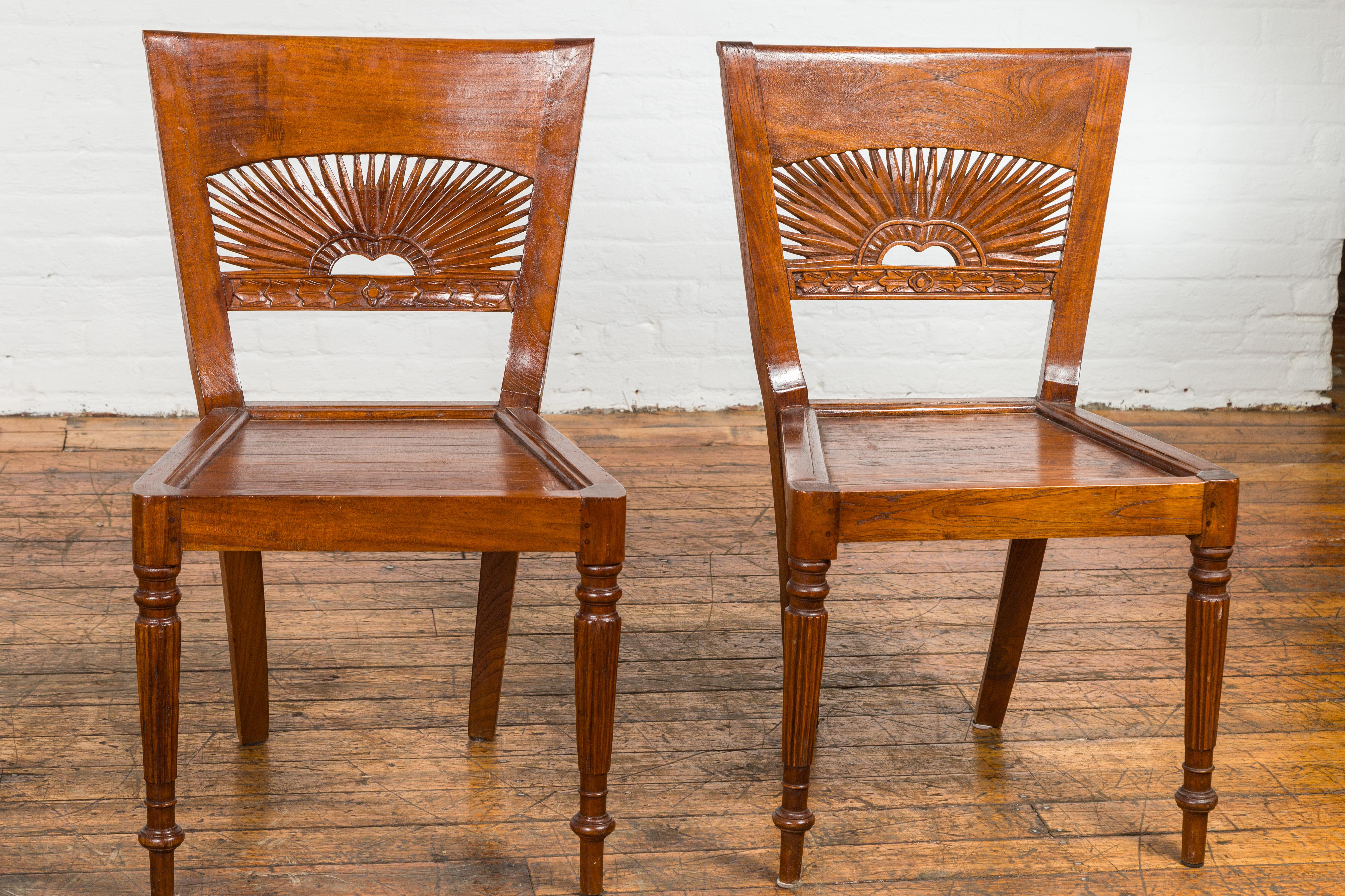 Dutch Colonial Teak Dining Room Chairs with Carved Radiating Backs, Set of Six For Sale 7