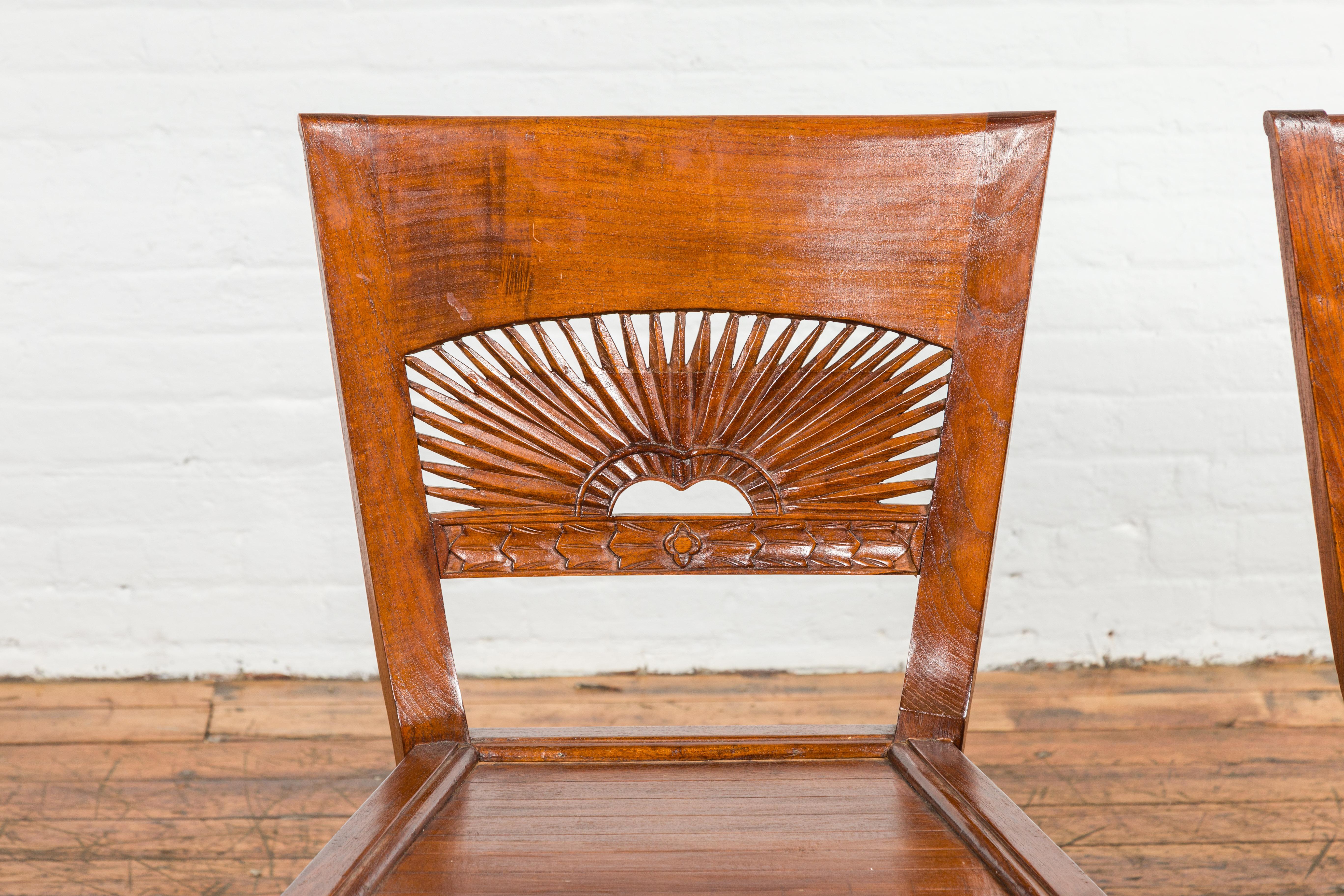 Dutch Colonial Teak Dining Room Chairs with Carved Radiating Backs, Set of Six For Sale 8