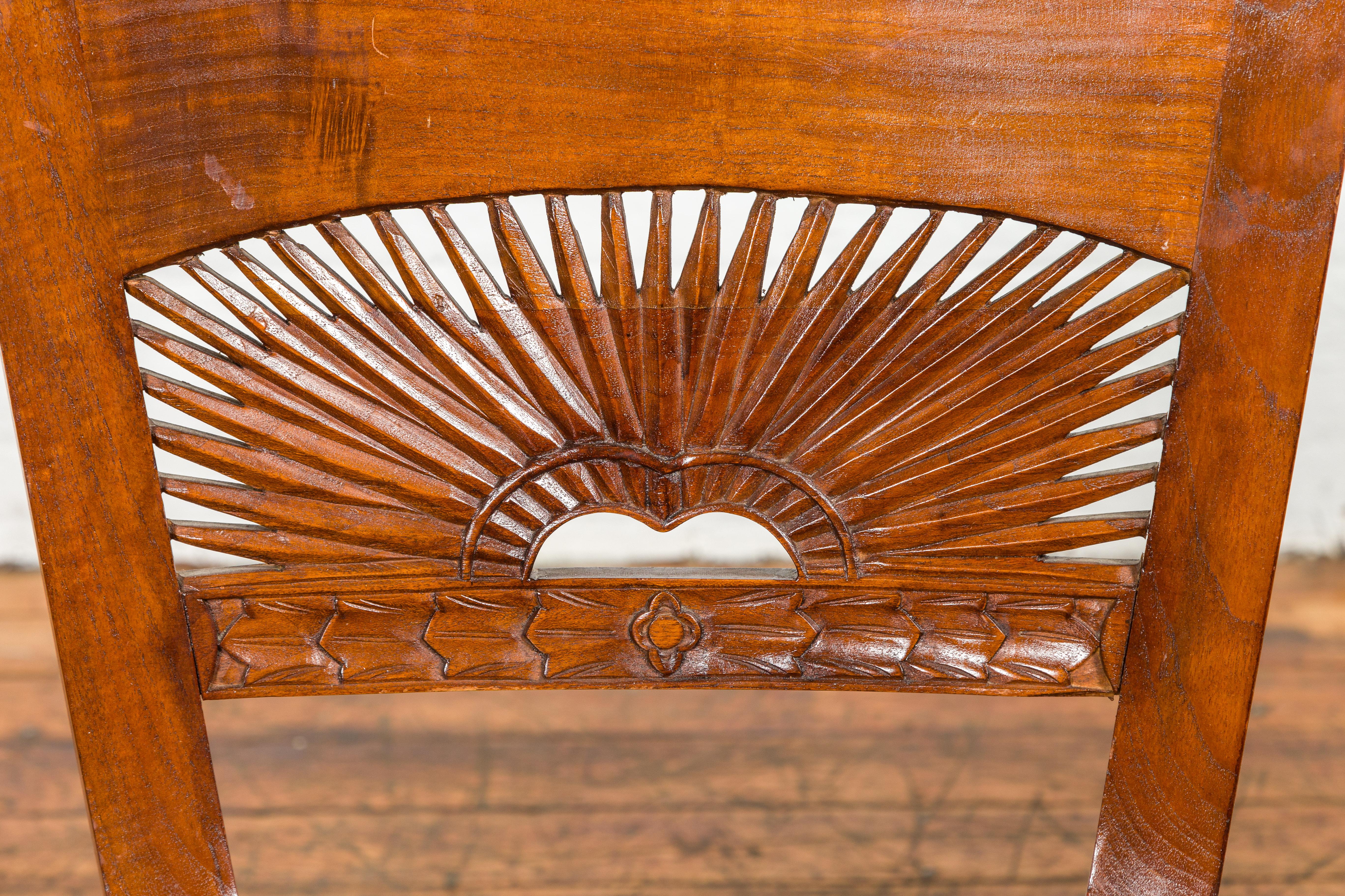 Dutch Colonial Teak Dining Room Chairs with Carved Radiating Backs, Set of Six For Sale 9