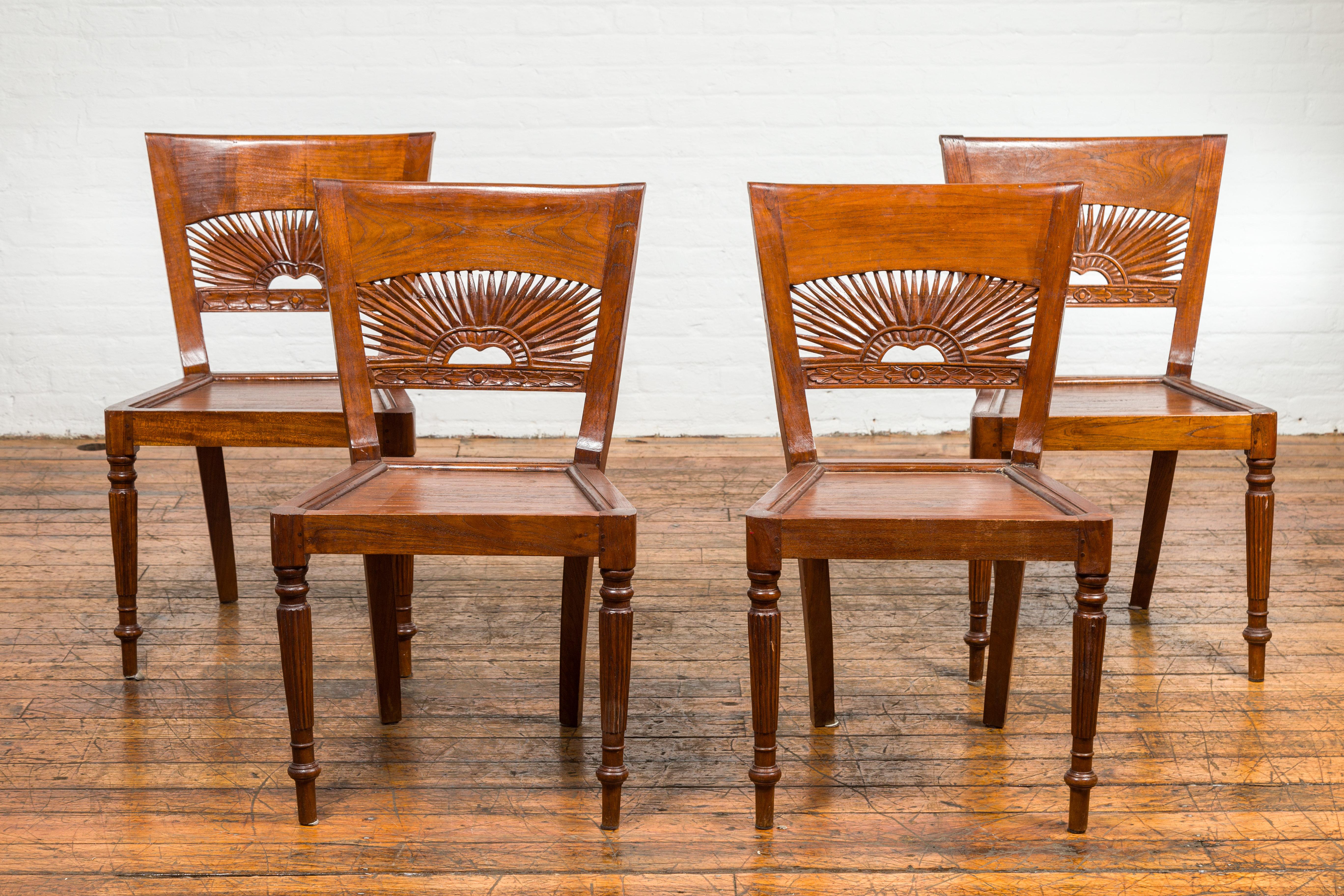 Dutch Colonial Teak Dining Room Chairs with Carved Radiating Backs, Set of Six For Sale 11