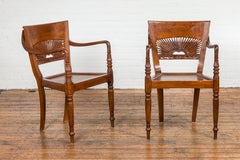 Dutch Colonial Teak Dining Room Chairs with Carved Radiating Backs, Set of Six