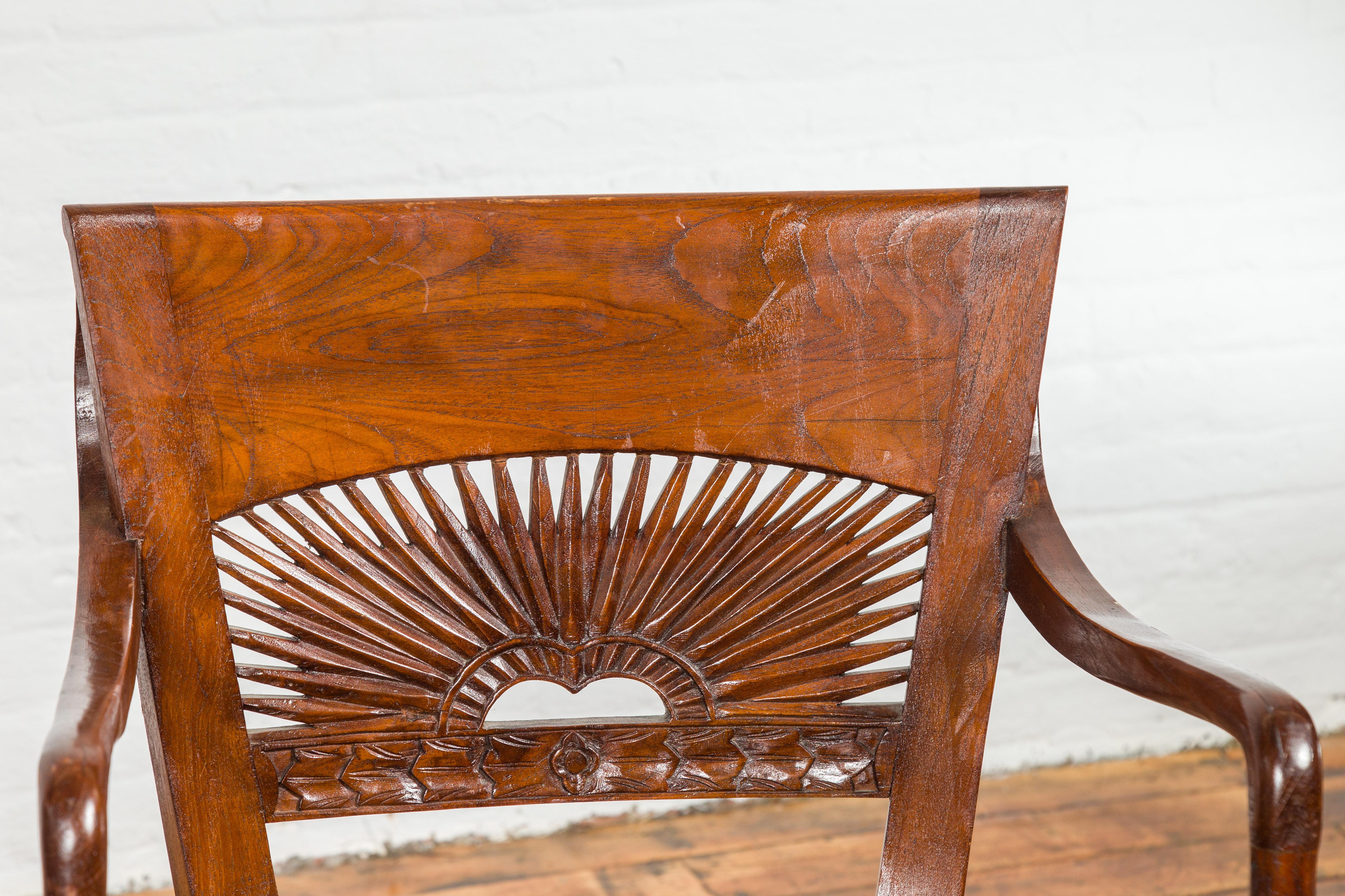 Indonesian Dutch Colonial Teak Dining Room Chairs with Carved Radiating Backs, Set of Six For Sale