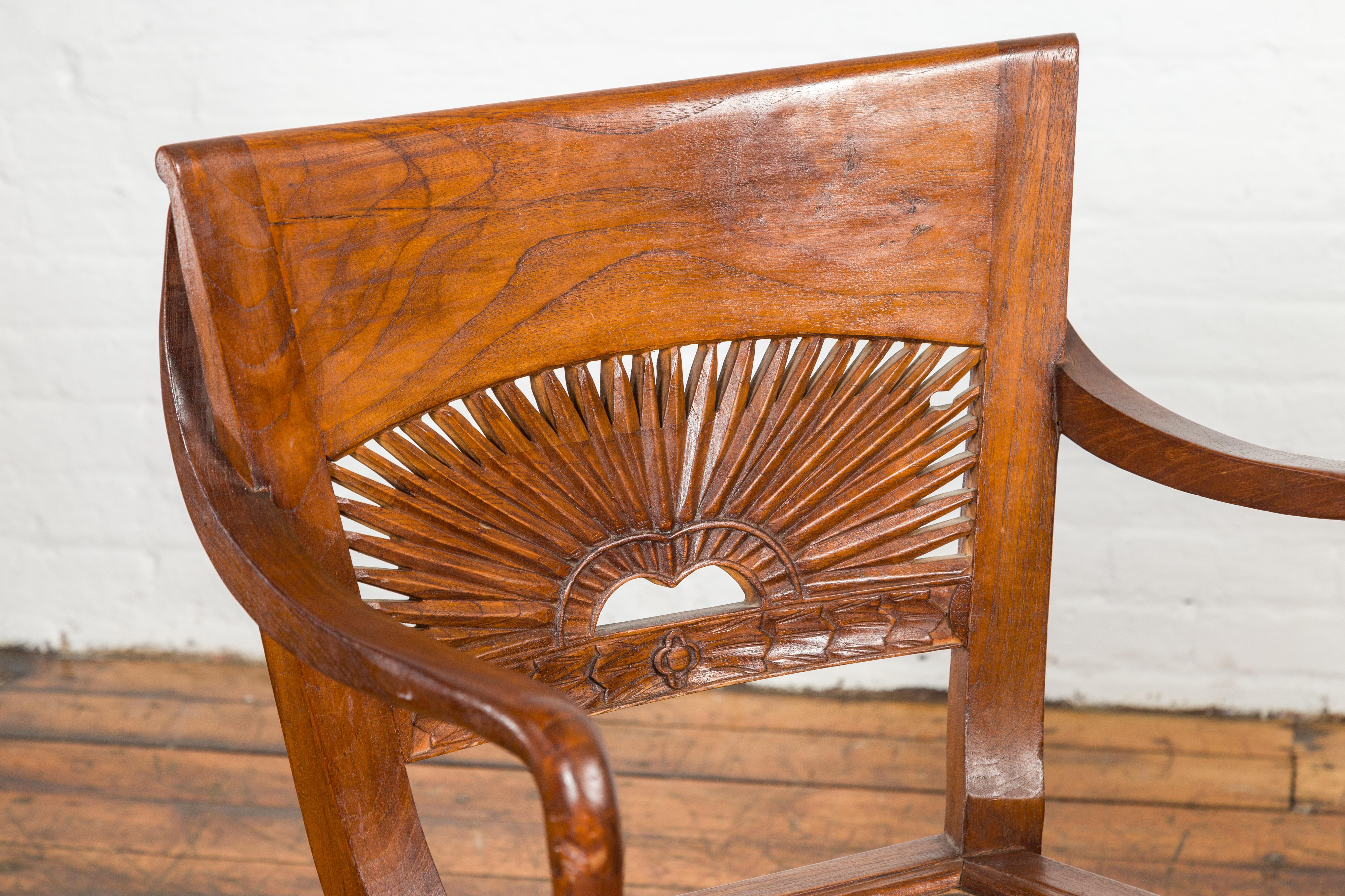 20th Century Dutch Colonial Teak Dining Room Chairs with Carved Radiating Backs, Set of Six For Sale