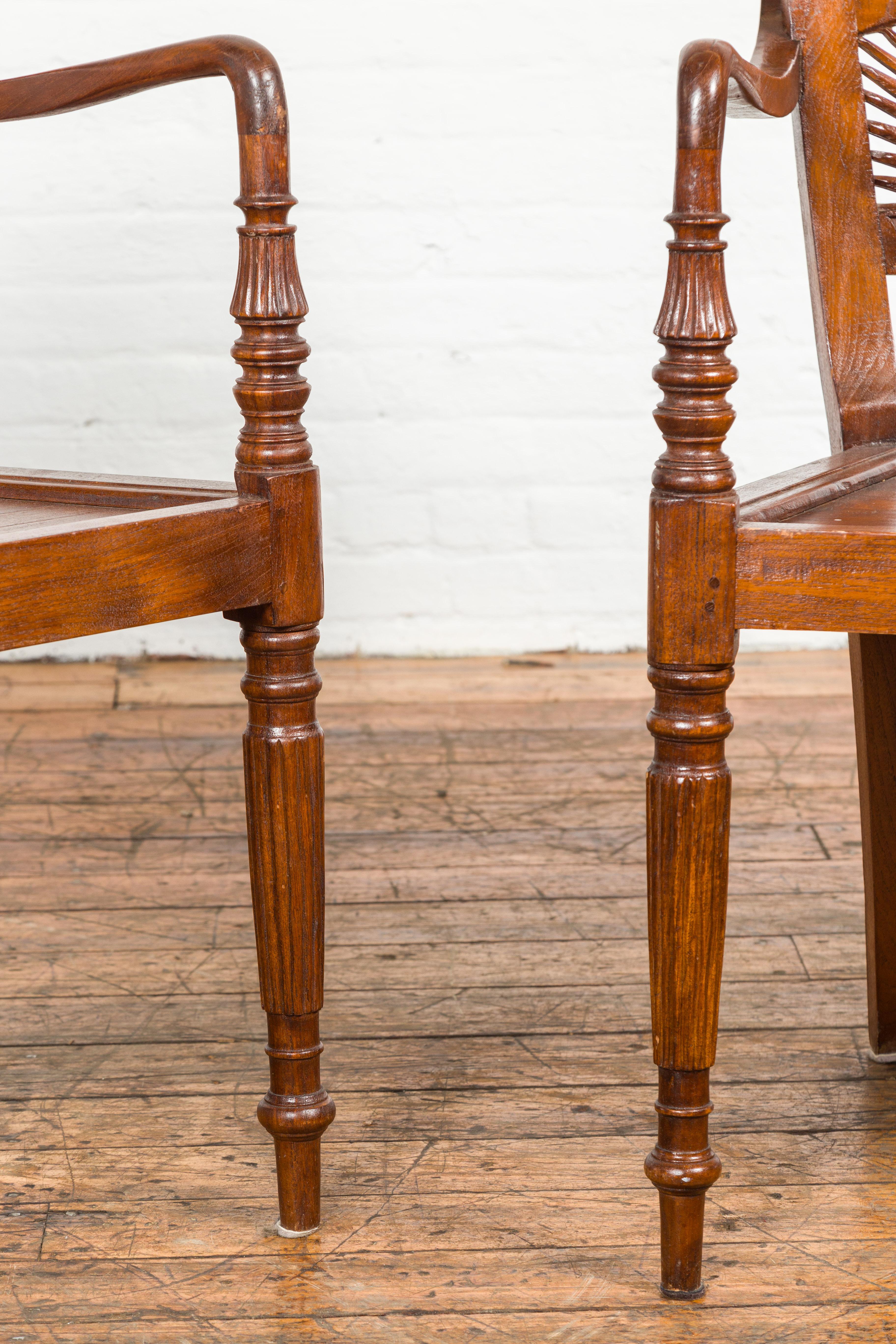 Dutch Colonial Teak Dining Room Chairs with Carved Radiating Backs, Set of Six For Sale 3