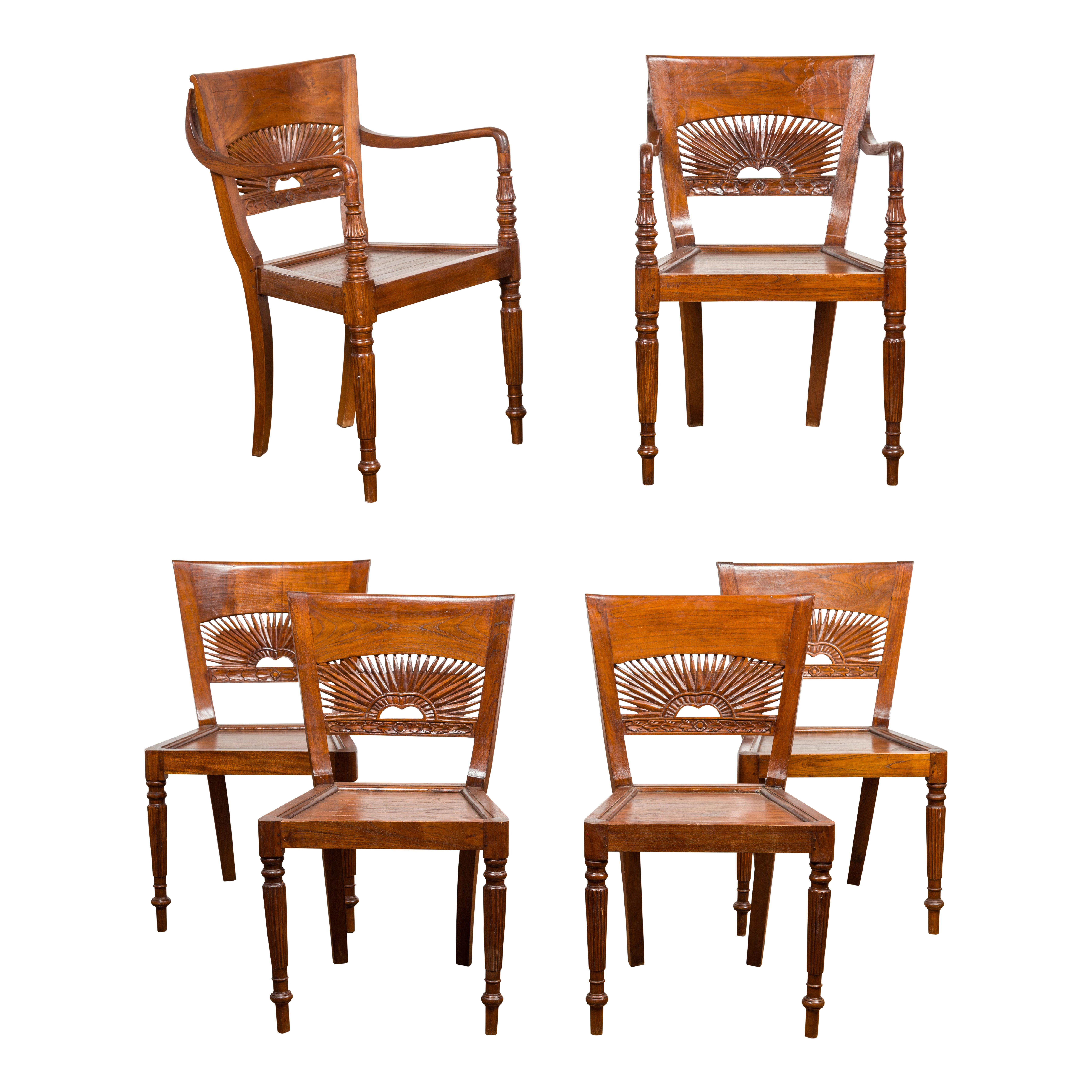 Dutch Colonial Teak Dining Room Chairs with Carved Radiating Backs, Set of Six For Sale