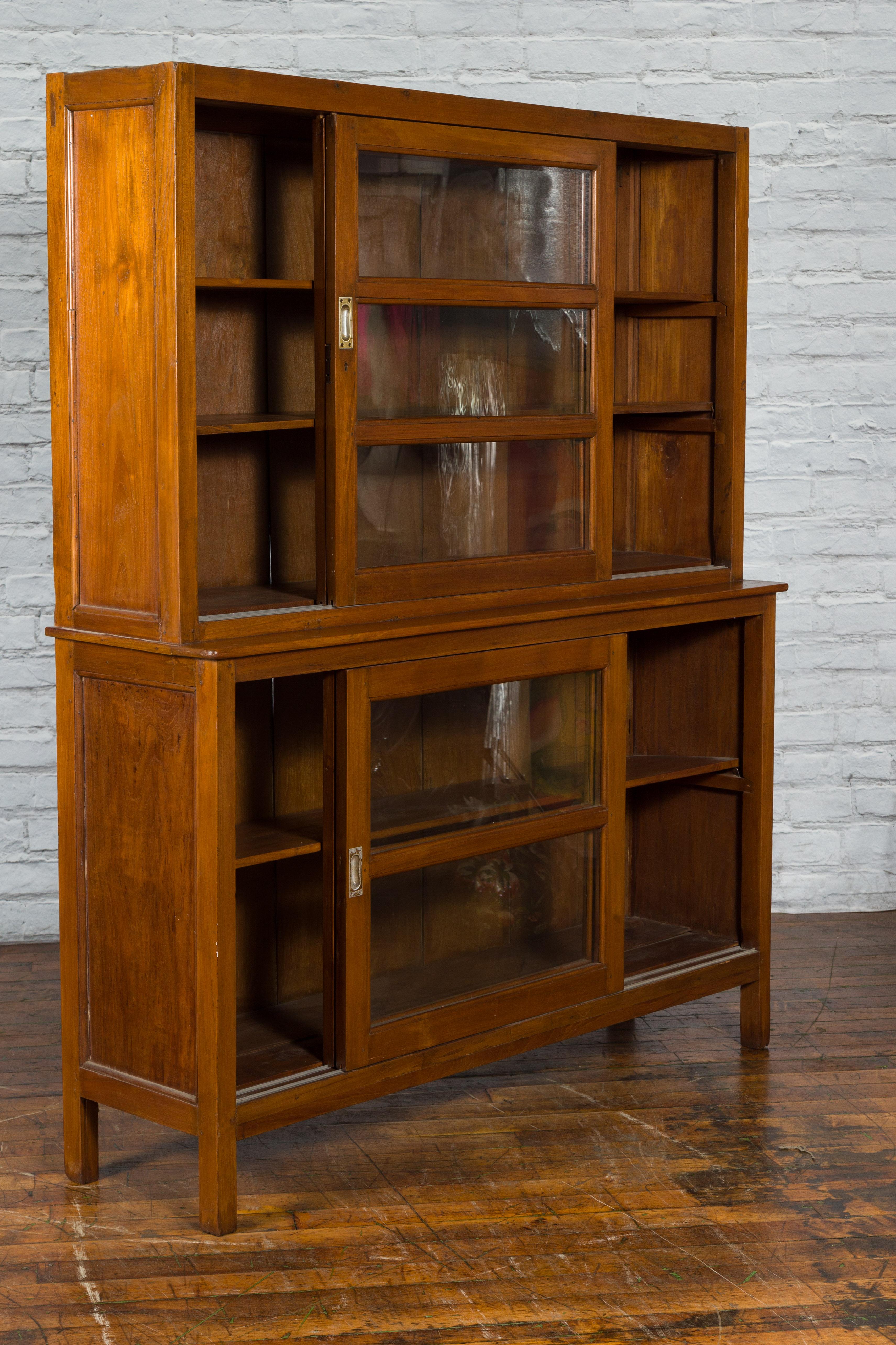 Dutch Colonial Teak Wood Vintage Bookcase with Sliding Glass Doors 4