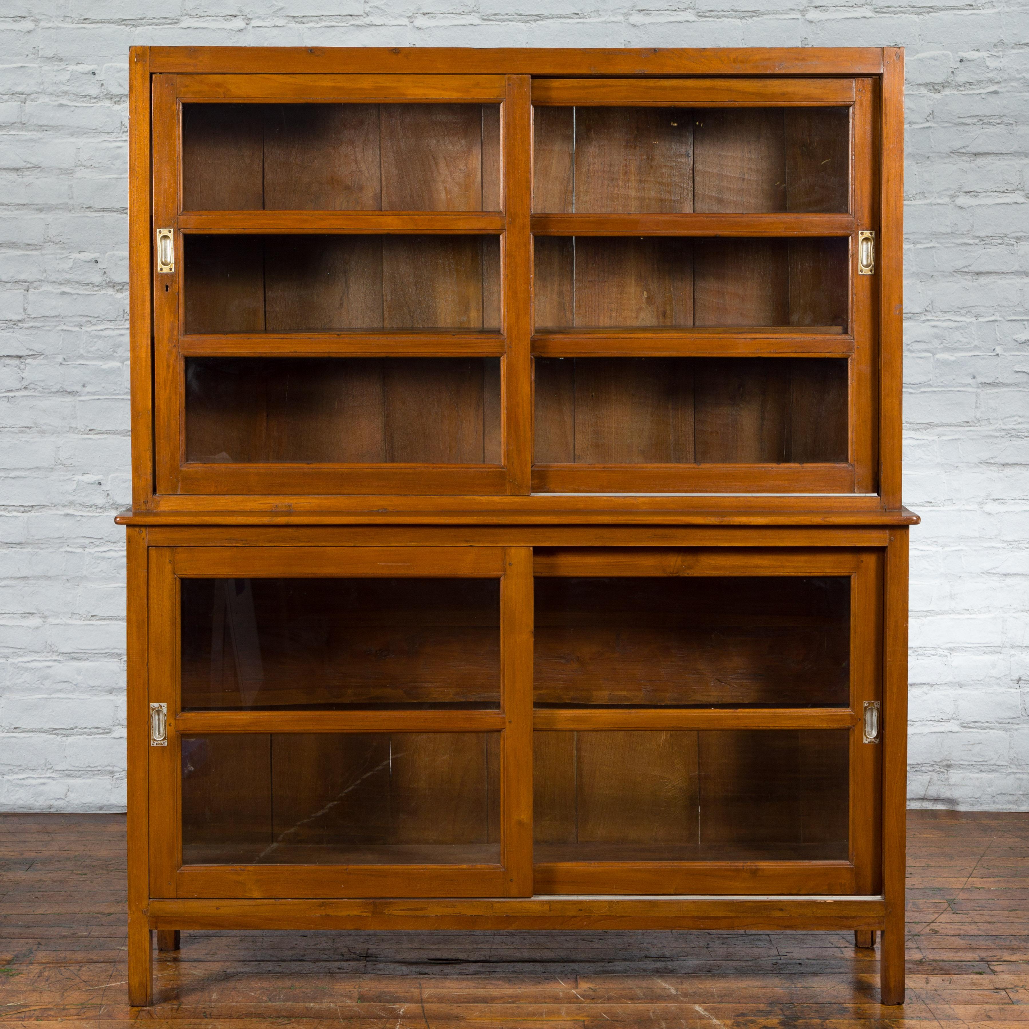 Indonesian Dutch Colonial Teak Wood Vintage Bookcase with Sliding Glass Doors