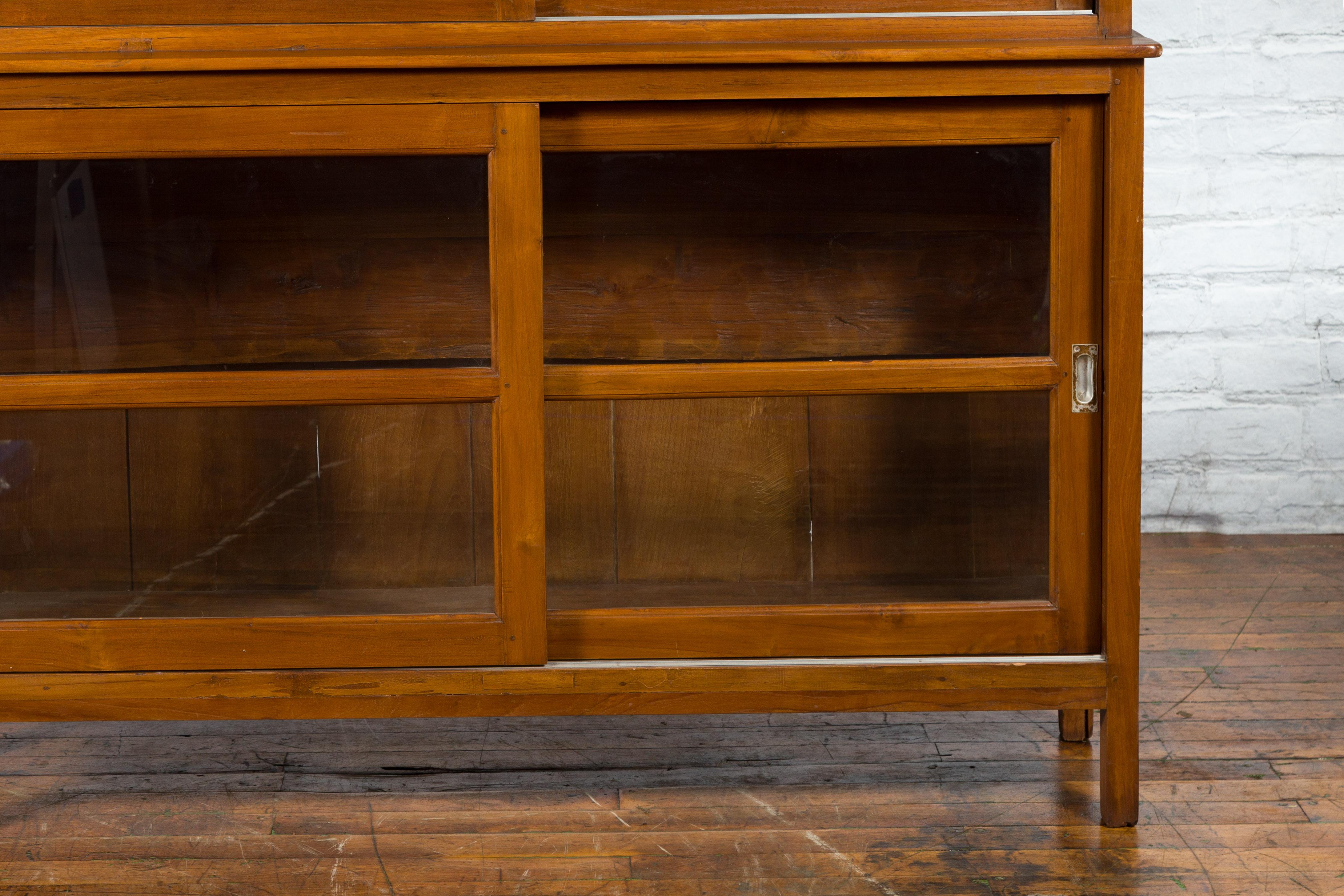 Dutch Colonial Teak Wood Vintage Bookcase with Sliding Glass Doors 1