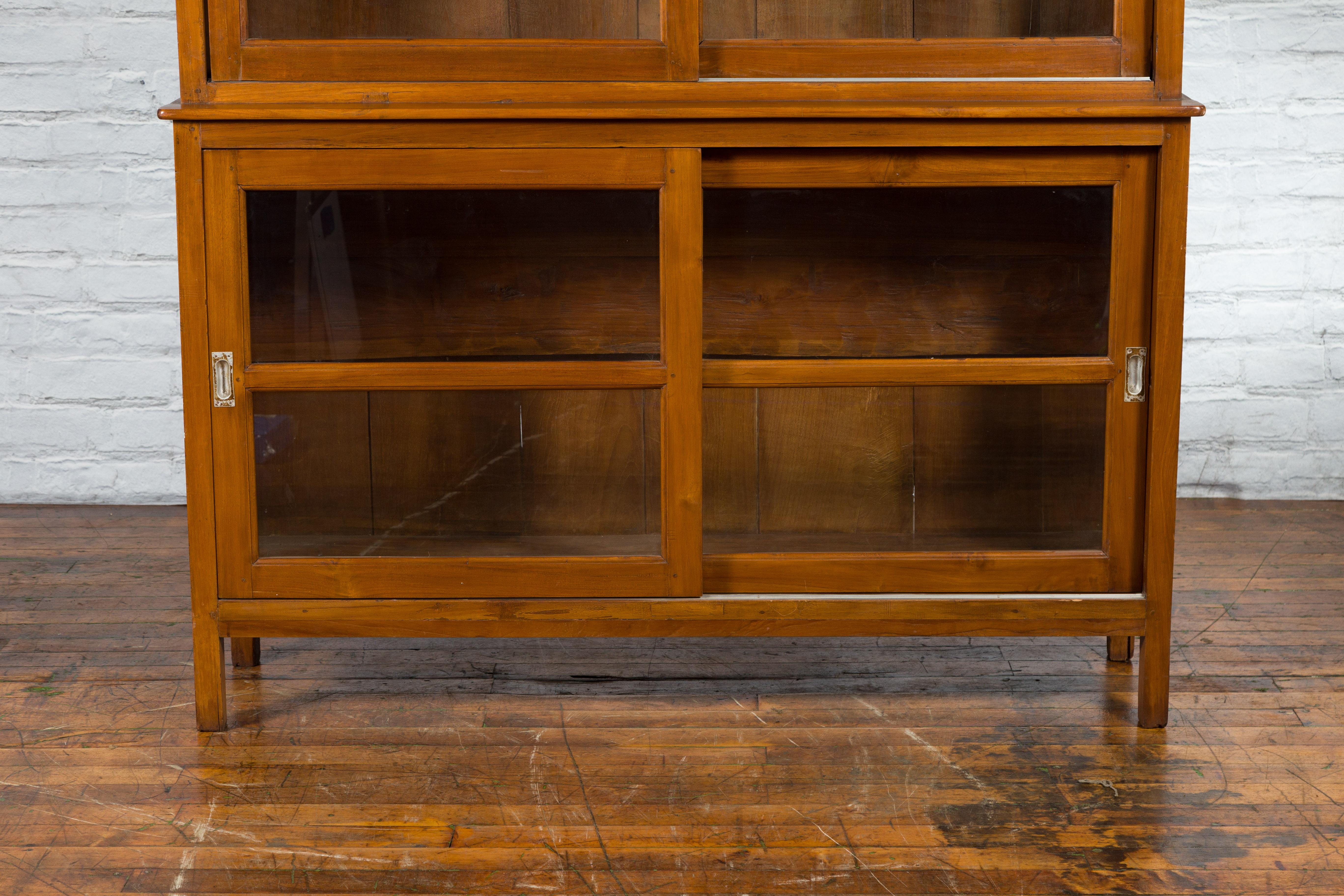 Dutch Colonial Teak Wood Vintage Bookcase with Sliding Glass Doors 2