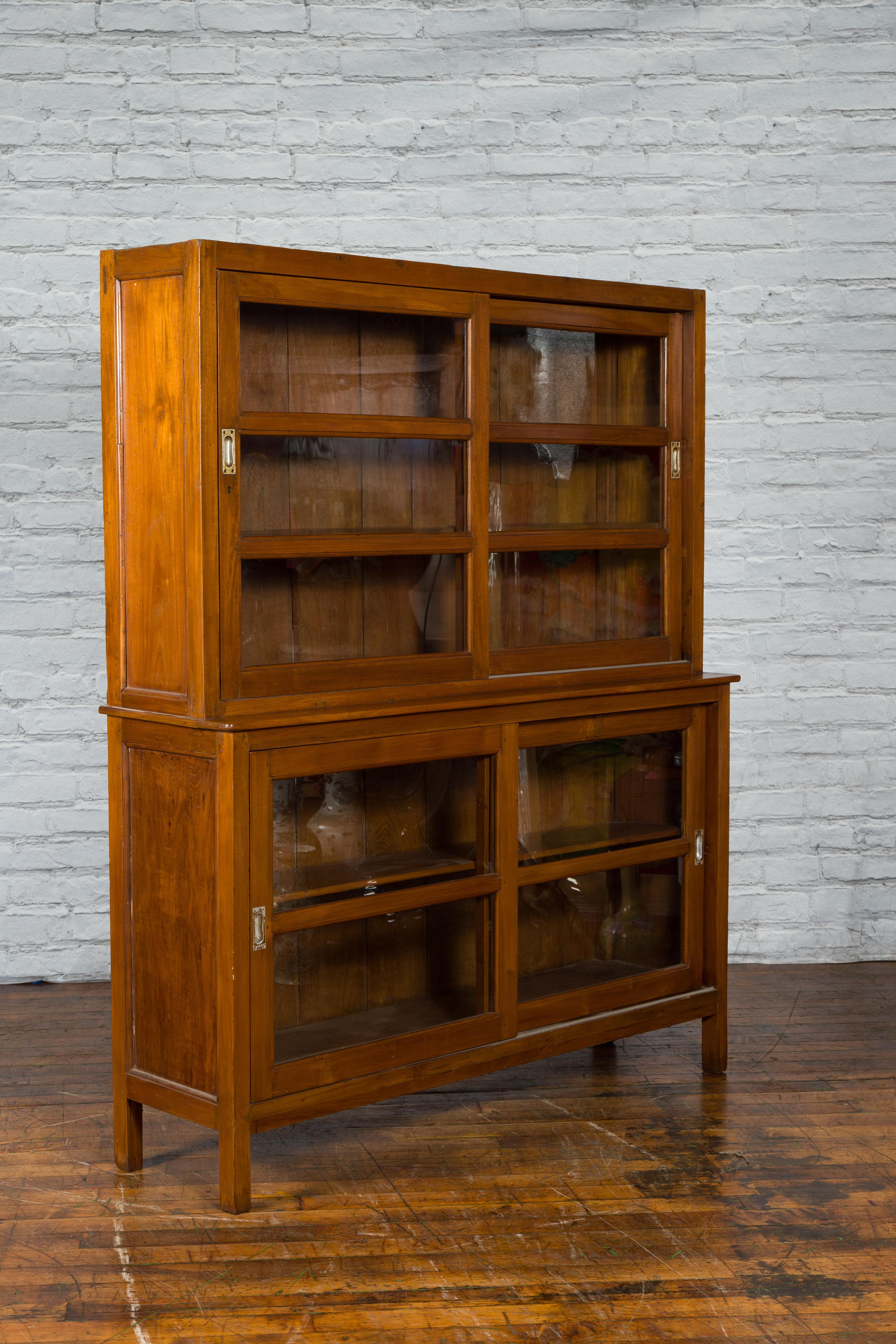 Dutch Colonial Teak Wood Vintage Bookcase with Sliding Glass Doors 3