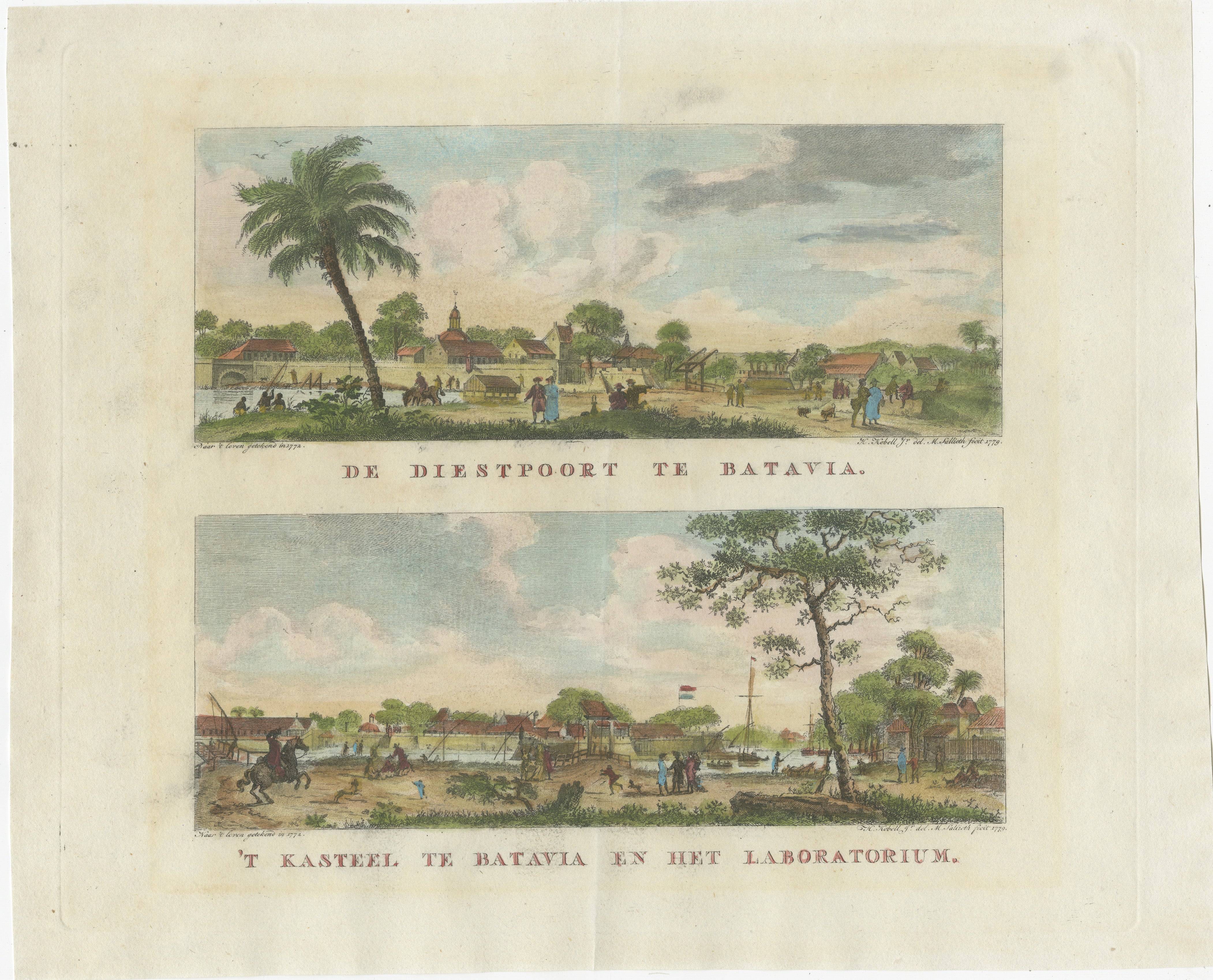 Dutch Colonial Views of Batavia – Diestpoort and the Castle with Laboratory, c.1780

This hand-colored copper engraving features two finely rendered views of Batavia (now Jakarta), the capital of the Dutch East Indies, as it appeared in the late