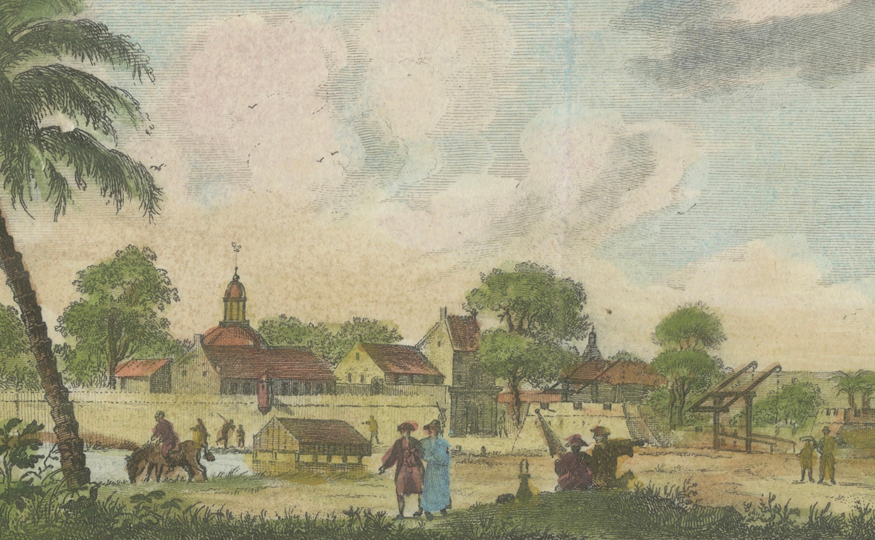 Dutch Colonial Views of Batavia – Diestpoort and Castle with Laboratory, c.1780 In Good Condition For Sale In Langweer, NL