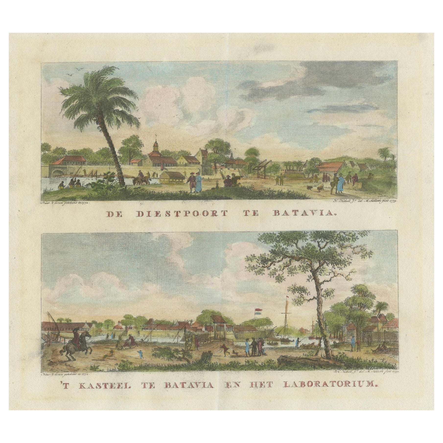 Niederländische Kolonialansichten von Batavia - Diestpoort und Schloss mit Laboratorium, um 1780 im Angebot