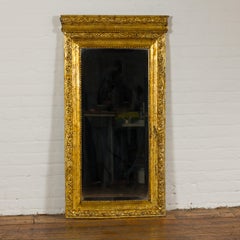 Dutch Colonial Vintage Giltwood Trumeau Mirror with Carved Scrollwork Motifs