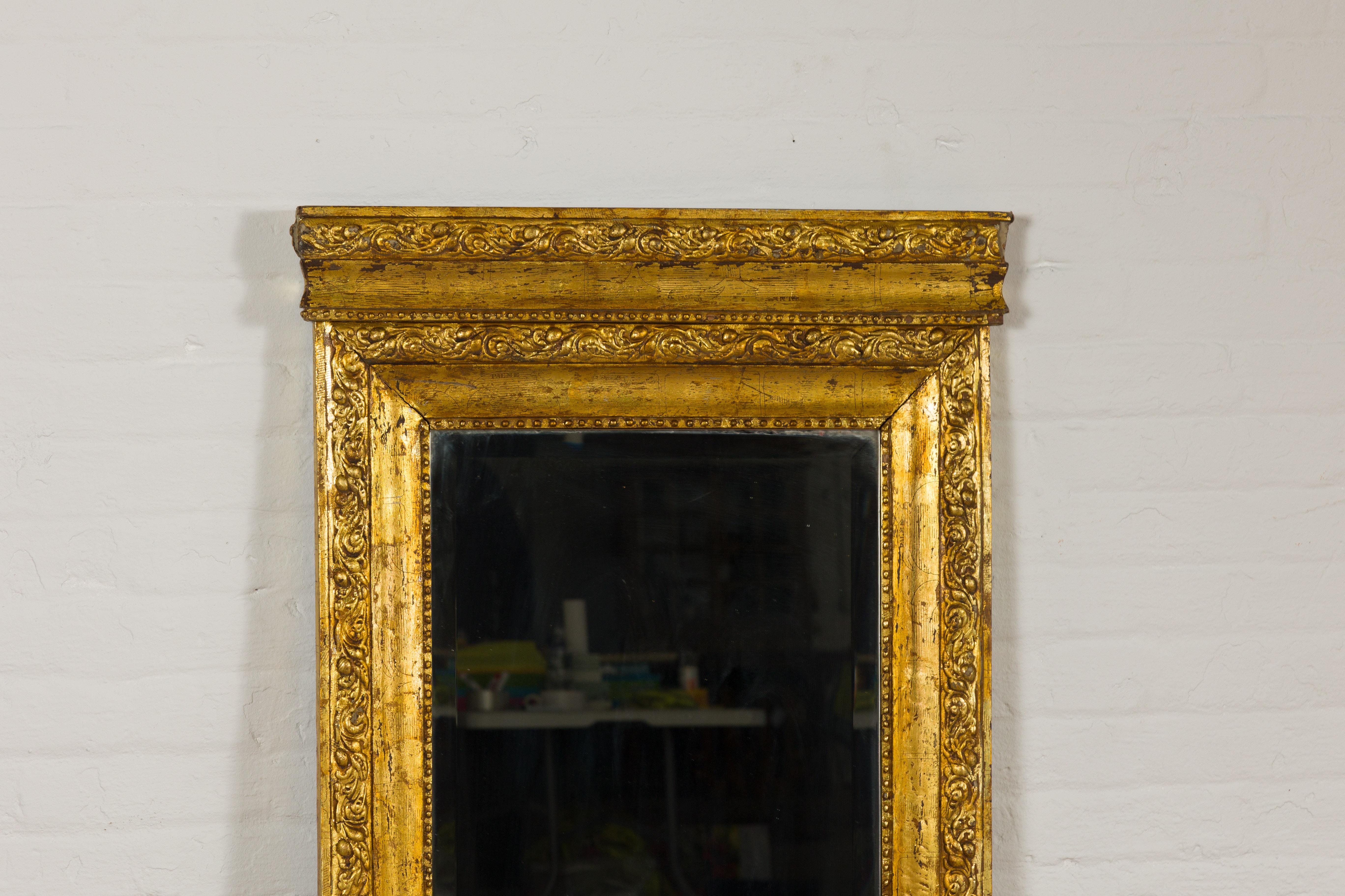 Indonesian Dutch Colonial Vintage Giltwood Trumeau Mirror with Carved Scrollwork Motifs For Sale