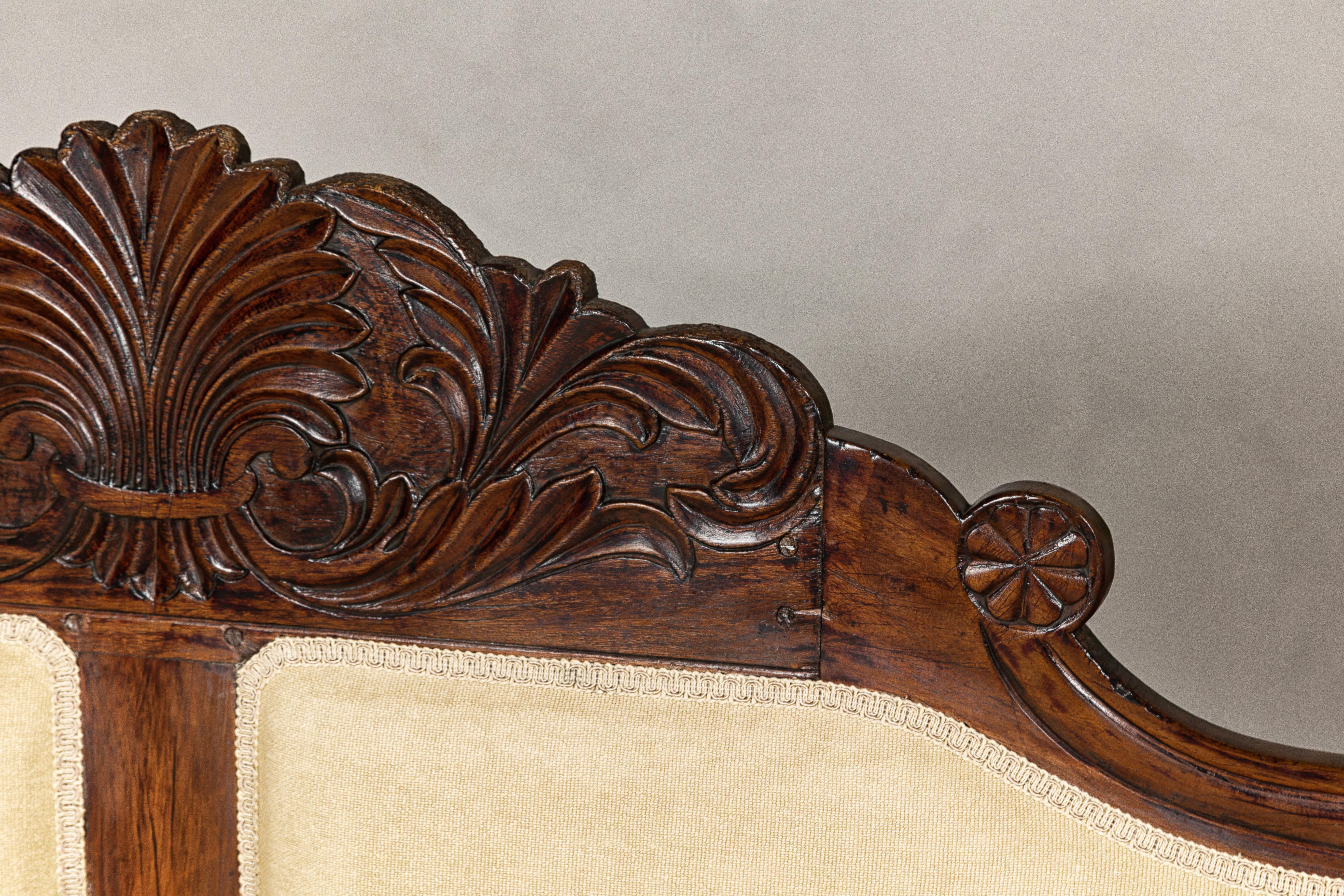 Dutch Colonial Wooden Settee with Carved Crest and Out-Scrolling Arms For Sale 6