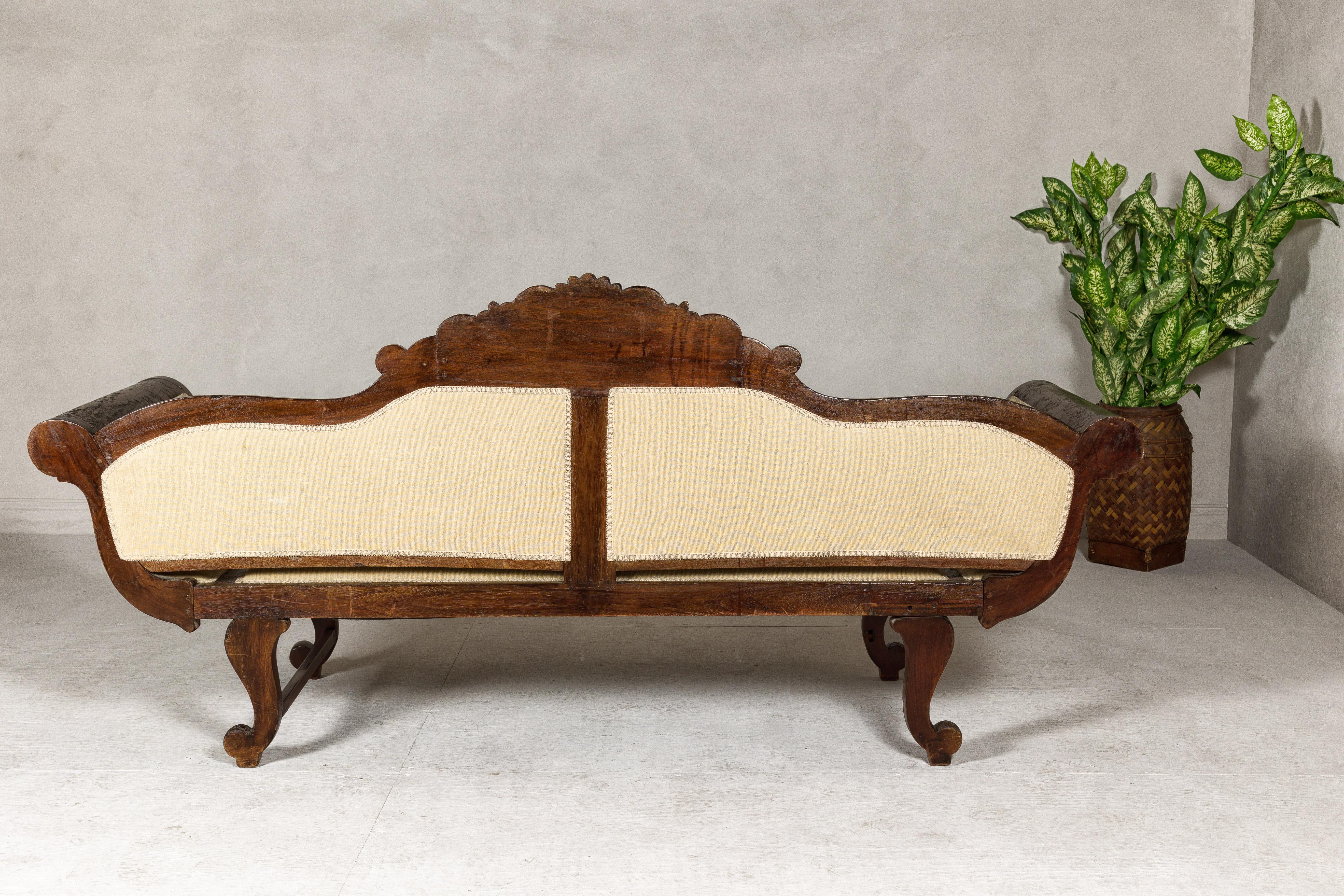 Dutch Colonial Wooden Settee with Carved Crest and Out-Scrolling Arms For Sale 8