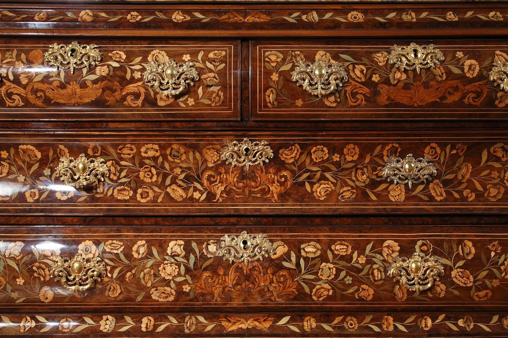 Baroque Dutch Commode with Floral Marquetry, 18th Century
