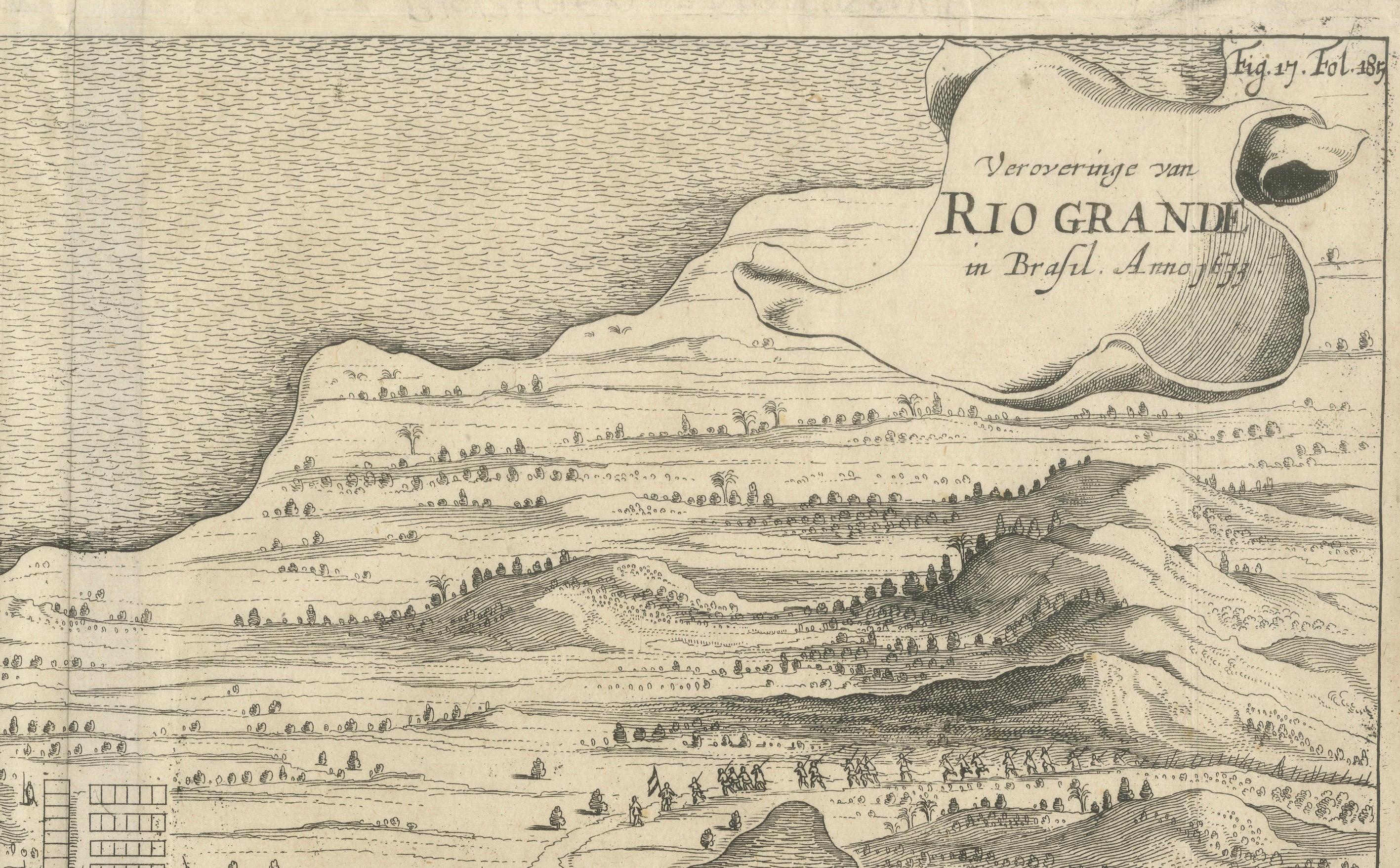 The image is an engraving titled “VEROVERINGE VAN RIO GRANDE IN BRASIL ANNO 1633.” This historical print depicts the Dutch conquest of Rio Grande in Brazil, known today as Natal, during the year 1633. The conquest took place under the command of