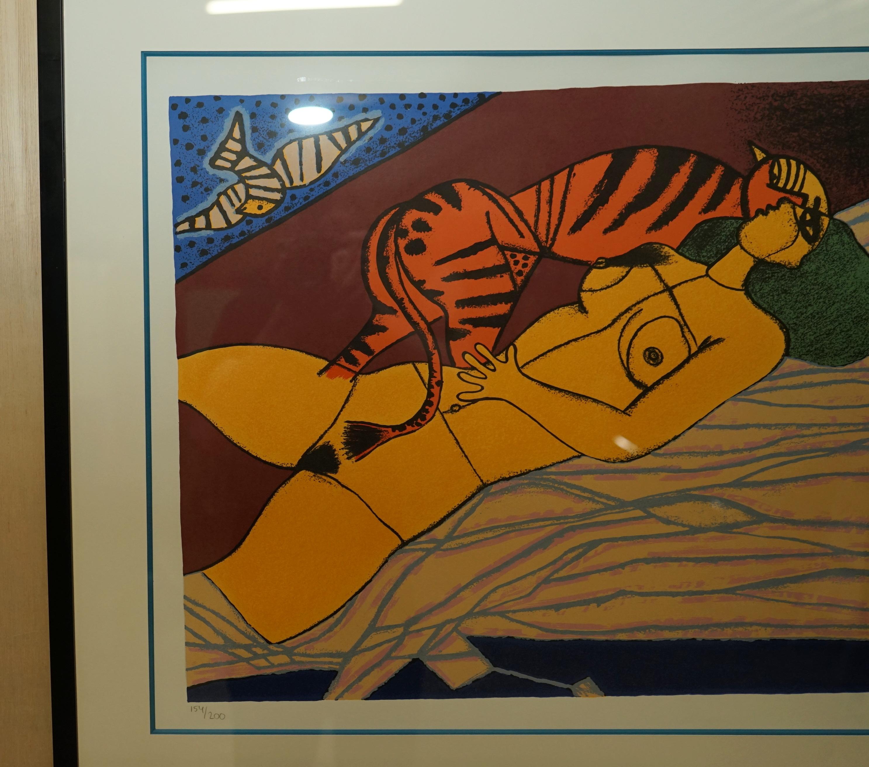 Pine Dutch Corneille 1922 - 2010 Limited Edition Lithograph Print of Women & Tiger 87 For Sale