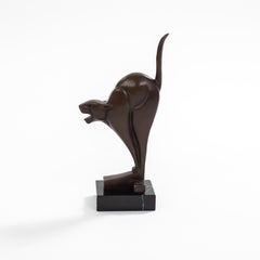 Dutch Cubist Art Déco Bronze Panther on Black Marble by C. VAN DER HOEF, 1920s