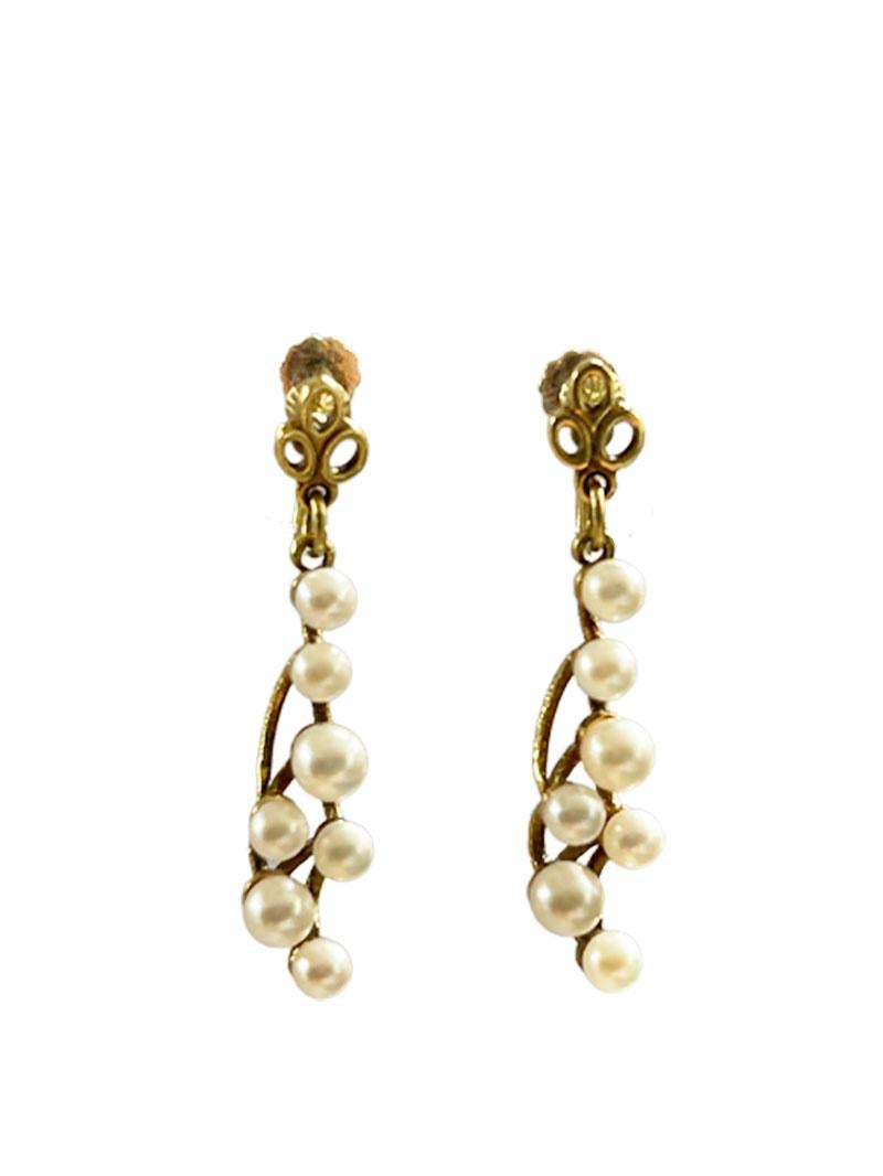 Dutch dangle earrings with cultured pearls by J. de Ligt, 1950s

A Dutch 14 carat gold earrings with cultured pearls, 
made and Hallmarked by the goldsmith J. de Ligt, Rotterdam 1951-1957
7 Pearls hanging with a closure for the ears without