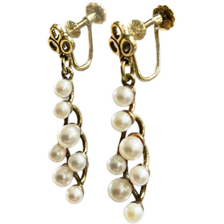 Dutch Dangle Earrings with Cultured Pearls by J. de Ligt, 1950s For Sale