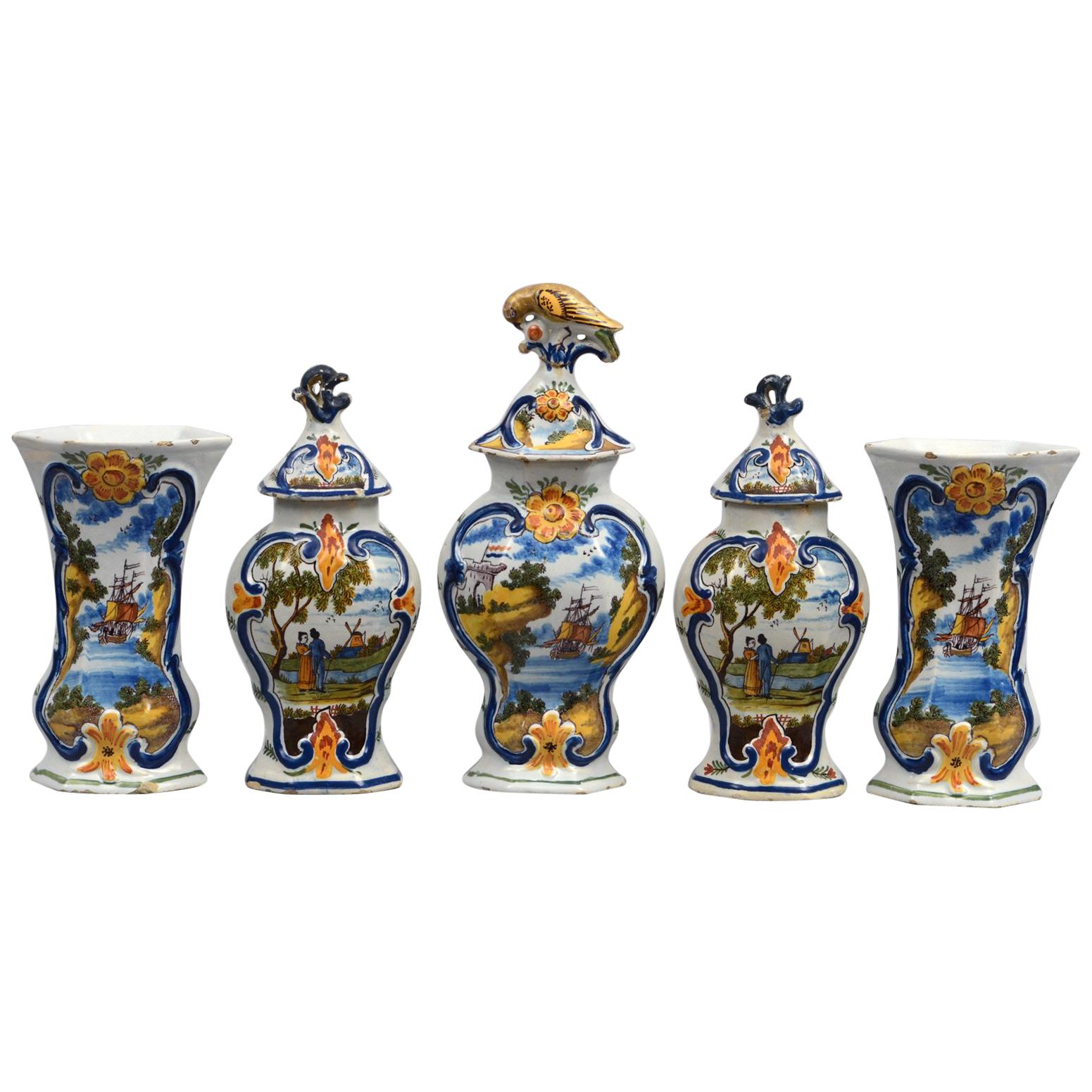 Dutch Delft Assembled Garniture Set, 18th Century For Sale