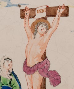 Dutch Delft Biblical Wall Plaque with the Crucifixion in 'Petit Feu'