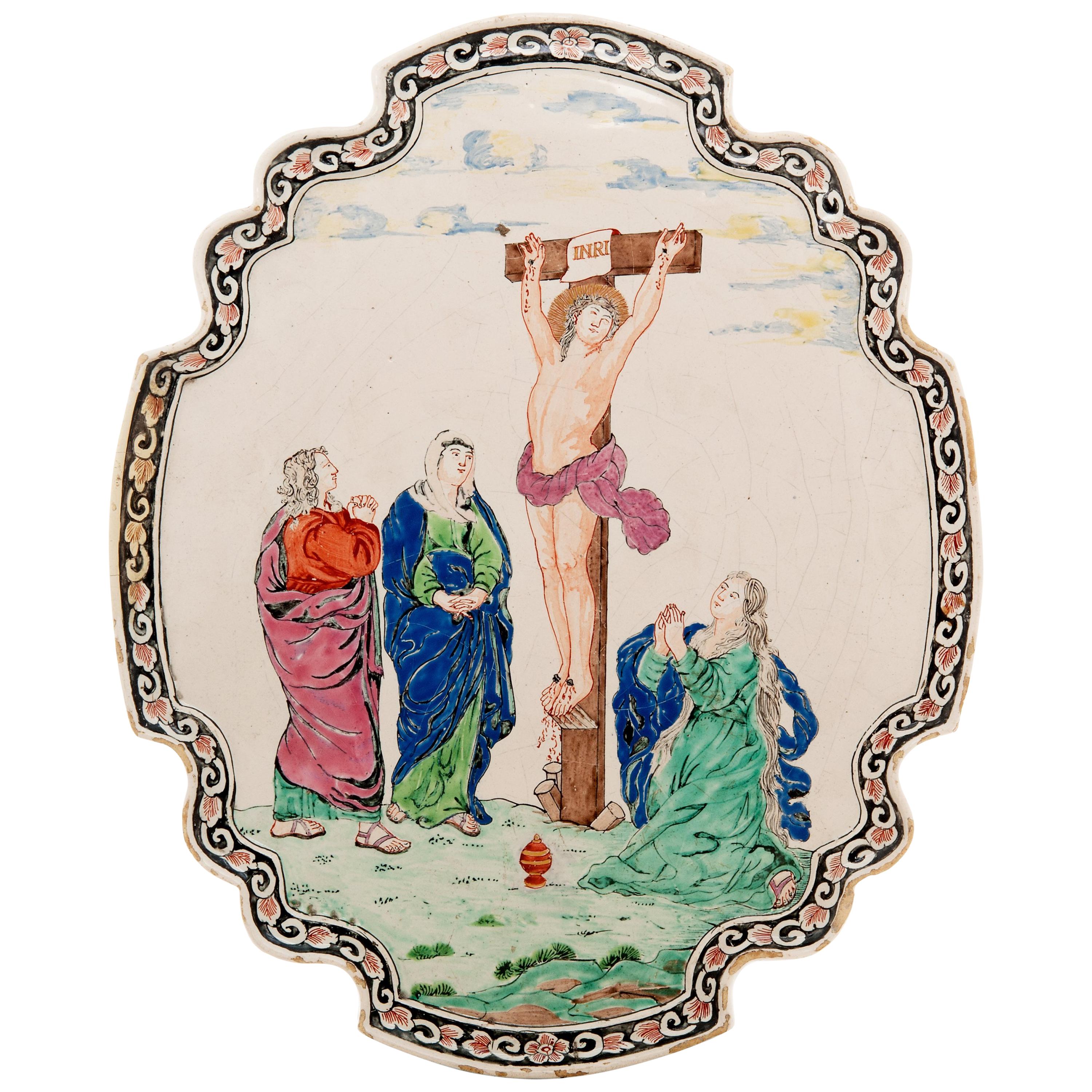 Dutch Delft Biblical Wall Plaque with the Crucifixion in 'Petit Feu' For Sale