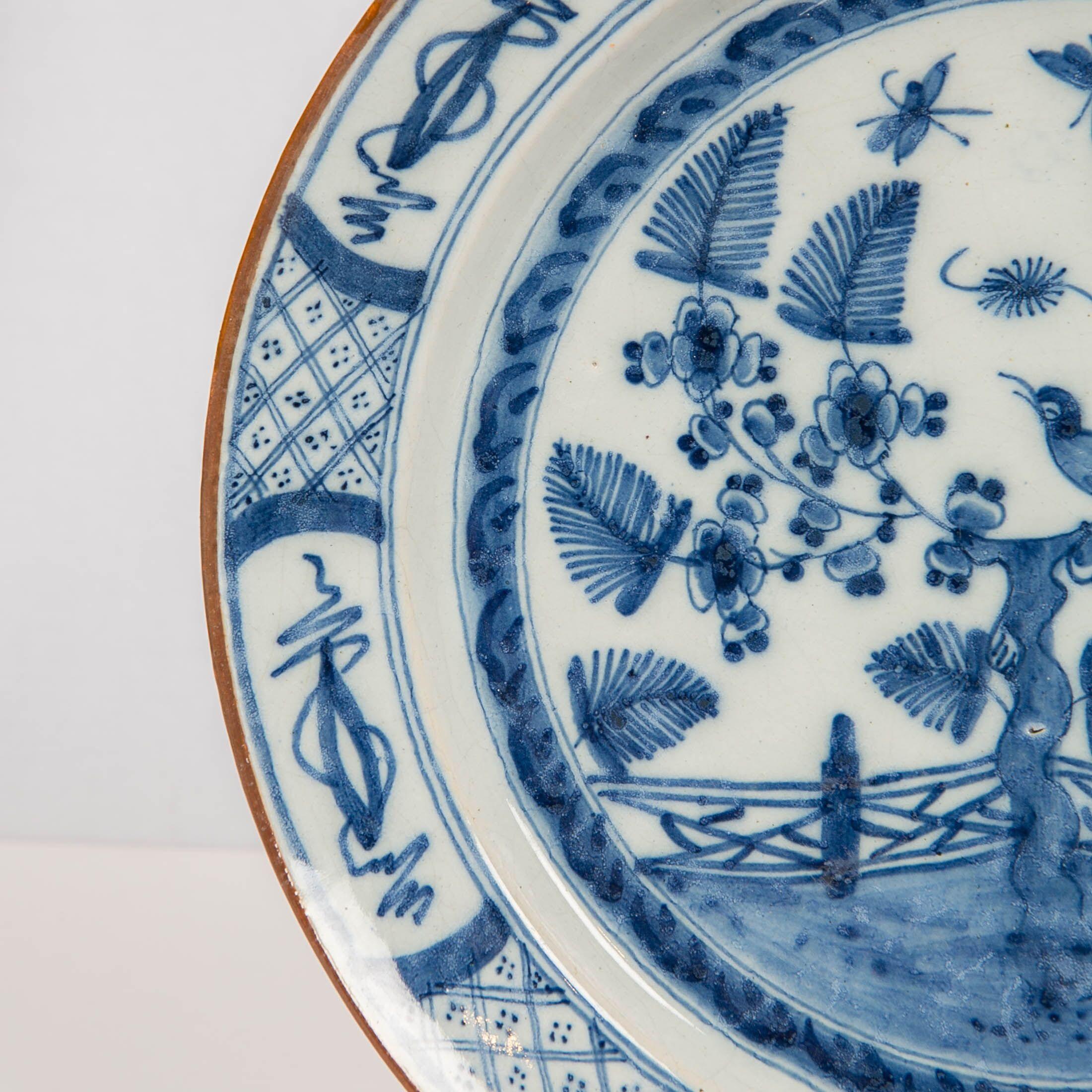 Hand-Painted Dutch Delft Blue and White Charger with Songbird 18th Century Made circa 1770