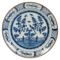 Dutch Delft Blue and White Charger with Songbird 18th Century Made circa 1770