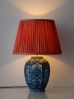 Dutch Delft Blue and White Chinoiserie Table Lamp, Makkum, New Coral Silk Shade