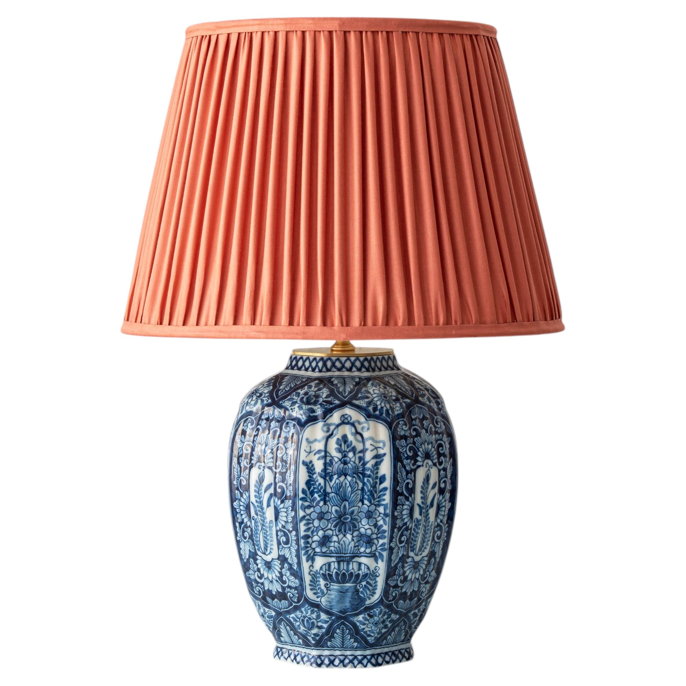 Delft Blue and White Ceramic Table Lamp by Royal Makkum, Coral Silk Shade