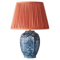 Dutch Delft Blue and White Chinoiserie Table Lamp, Makkum, New Coral Silk Shade
