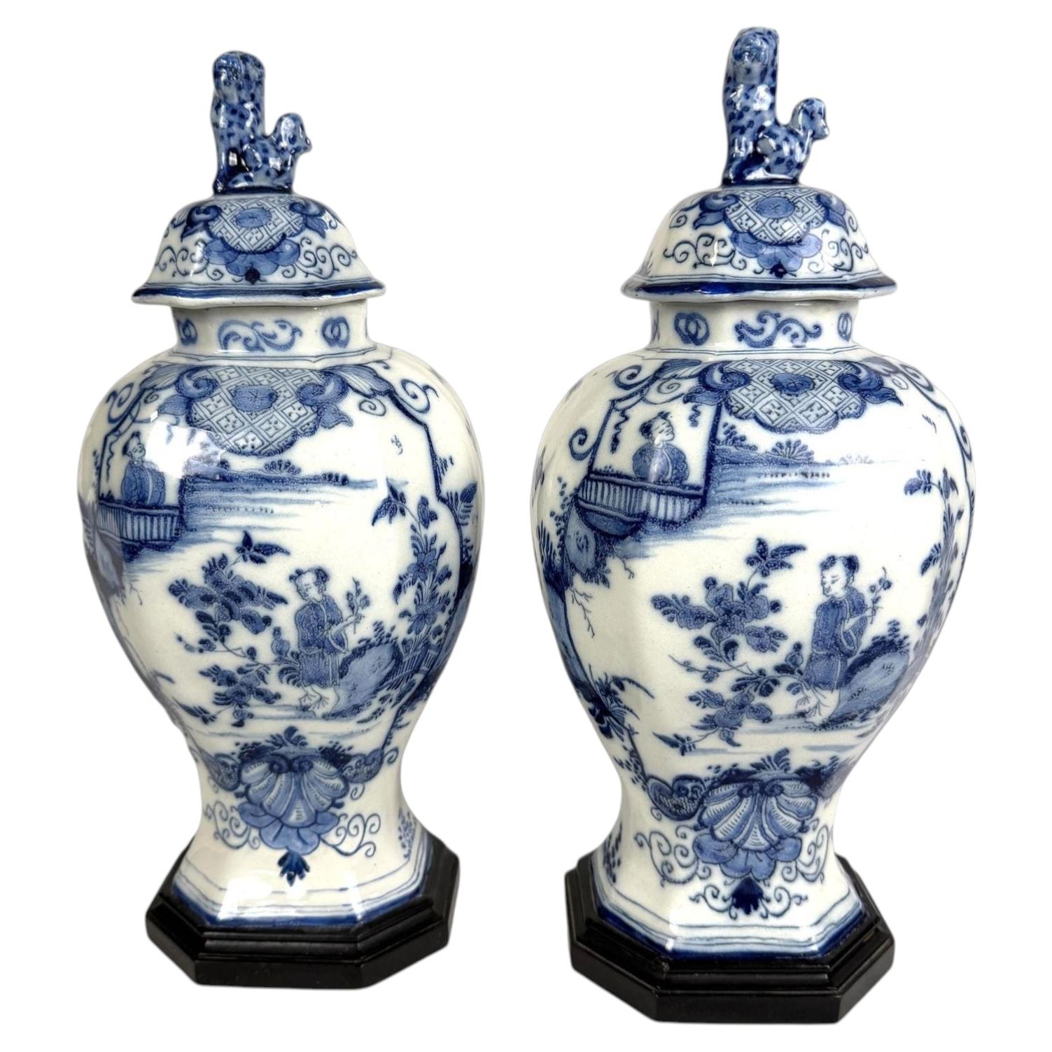 Dutch Delft Blue and White Covered Jars Hand Painted 18th Century Circa 1770