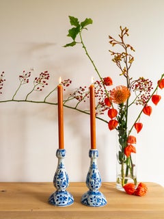 Dutch Delft Blue and White Hand-Painted Ceramic Tulip-Shaped Candlesticks