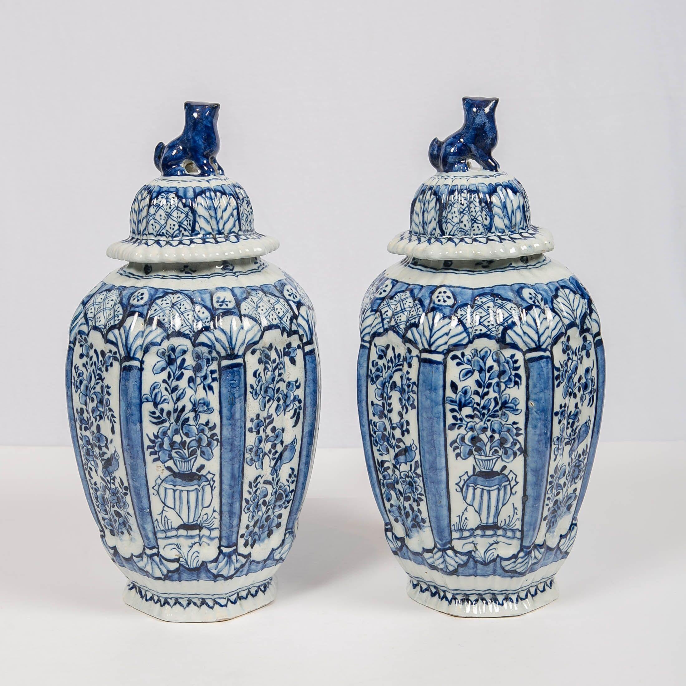 Rococo Delft Blue and White Jars with Lion Finials Made circa 1780