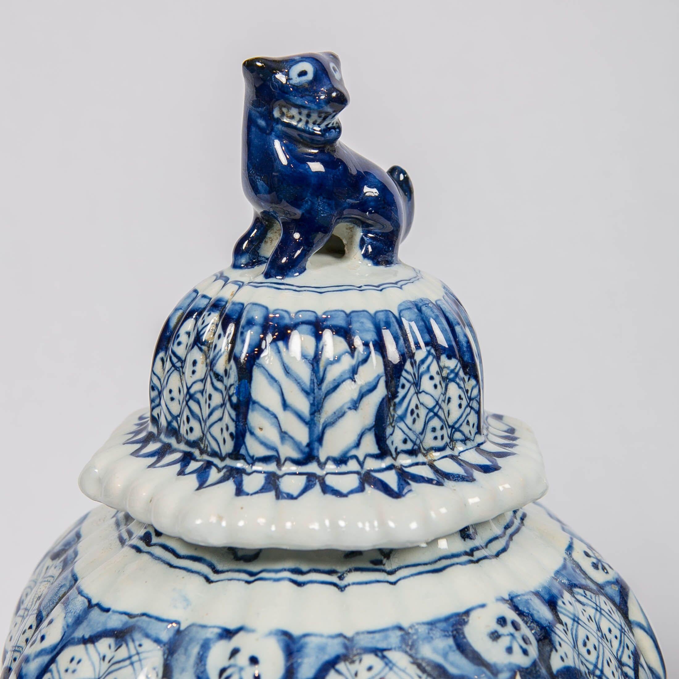 Dutch Delft Blue and White Jars with Lion Finials Made circa 1780