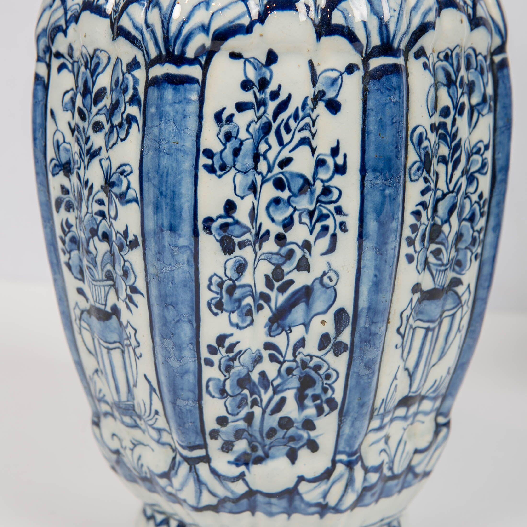 Hand-Painted Delft Blue and White Jars with Lion Finials Made circa 1780