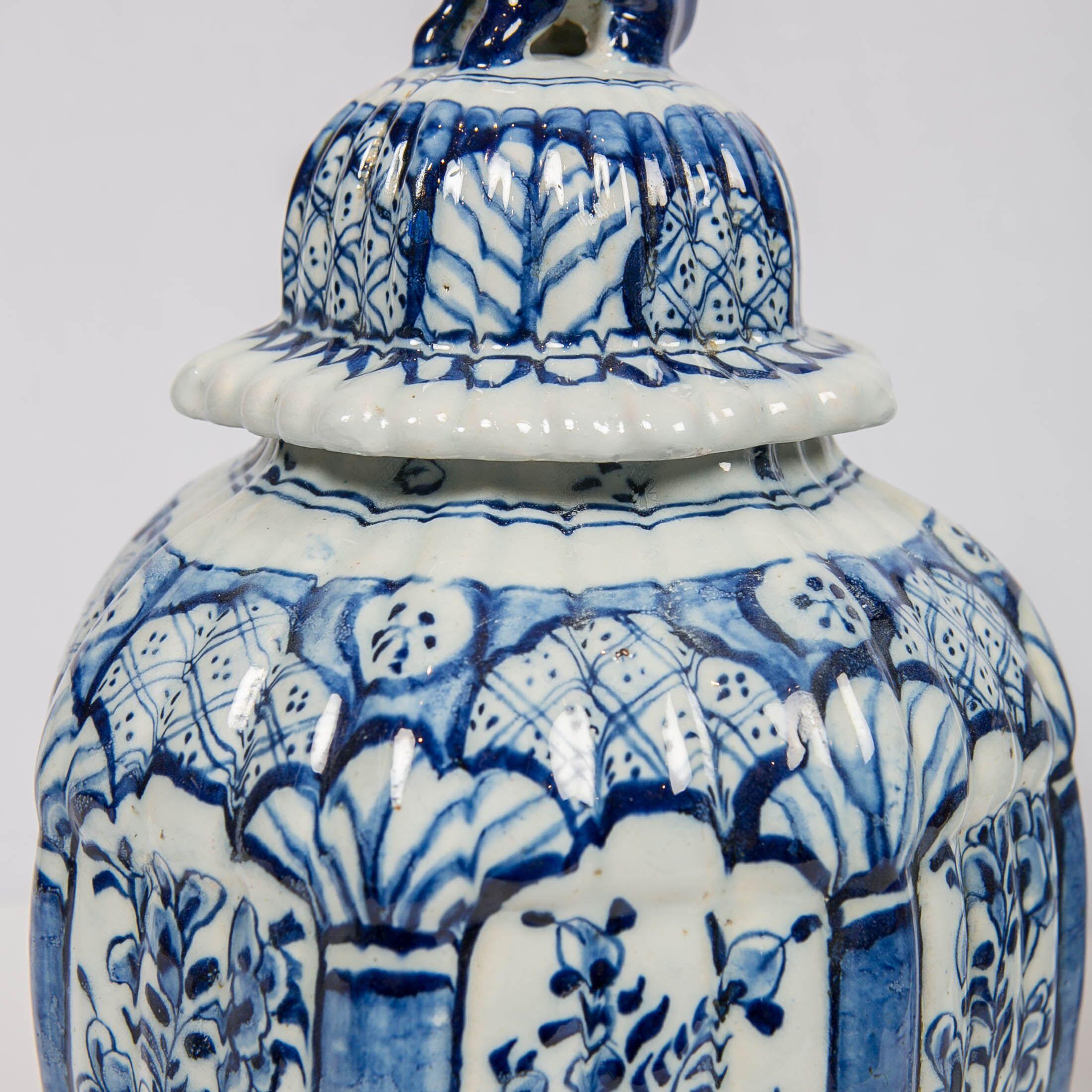 18th Century Delft Blue and White Jars with Lion Finials Made circa 1780
