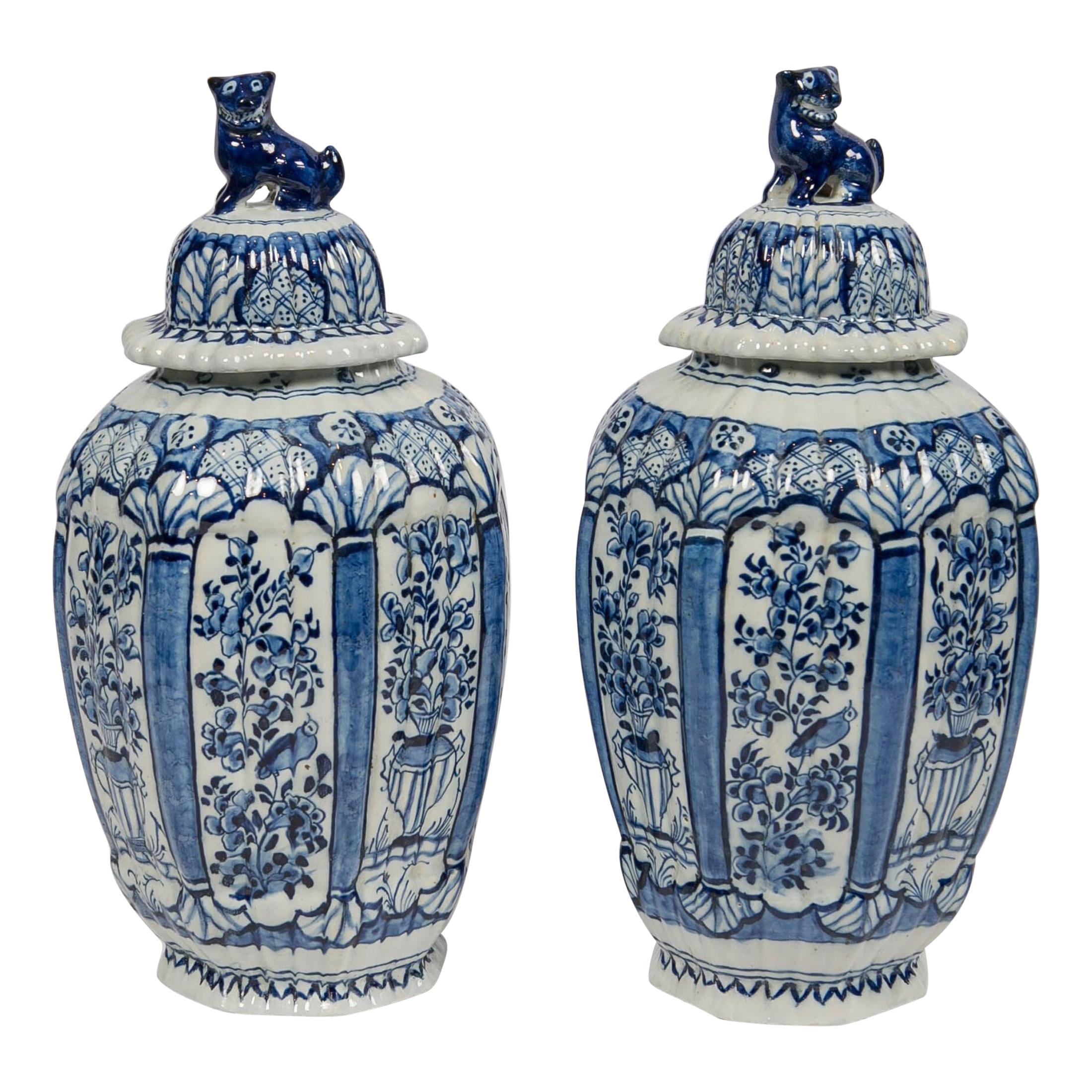 Delft Blue and White Jars with Lion Finials Made circa 1780