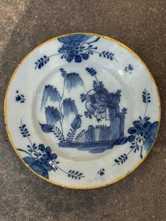 Dutch Delft Blue and White Plate with Yellow Rim