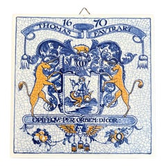 Dutch Delft Blue and White Porcelain Tile with Heraldic Coat of Arms